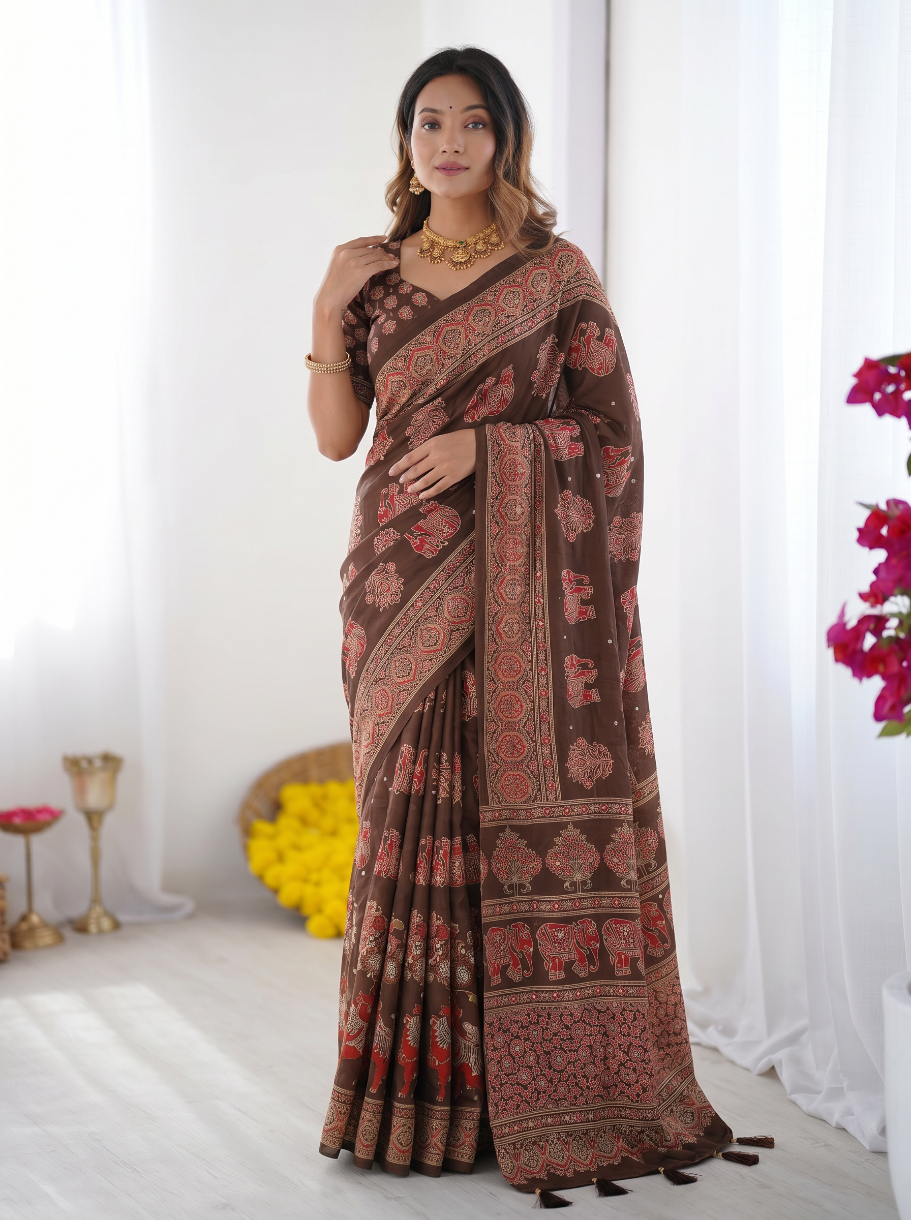 Chocolate Brown Modal Silk Saree with Elephant Motif Heritage Print & Designer Pallu | Traditional Festive Wear Saree