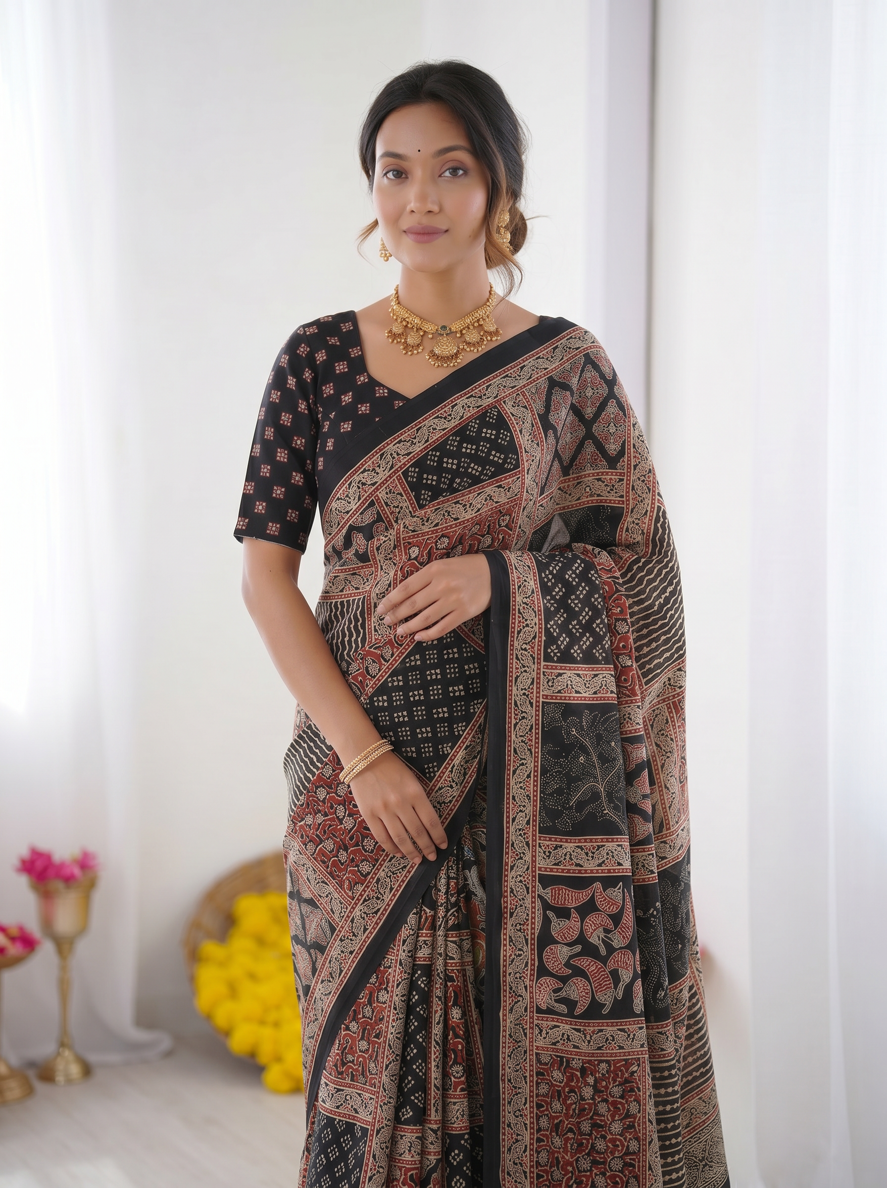 Black Modal Silk Saree with Tribal & Geometric Print | Designer Heritage Pallu Saree for Festive Wear
