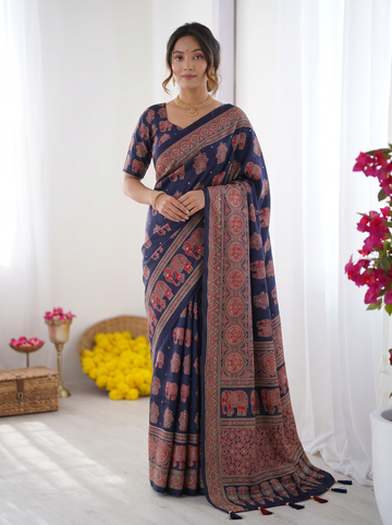 Navy Blue Modal Silk Saree with Elephant Motif Ajrakh Print & Heritage Designer Pallu | Traditional Festive Wear Saree
