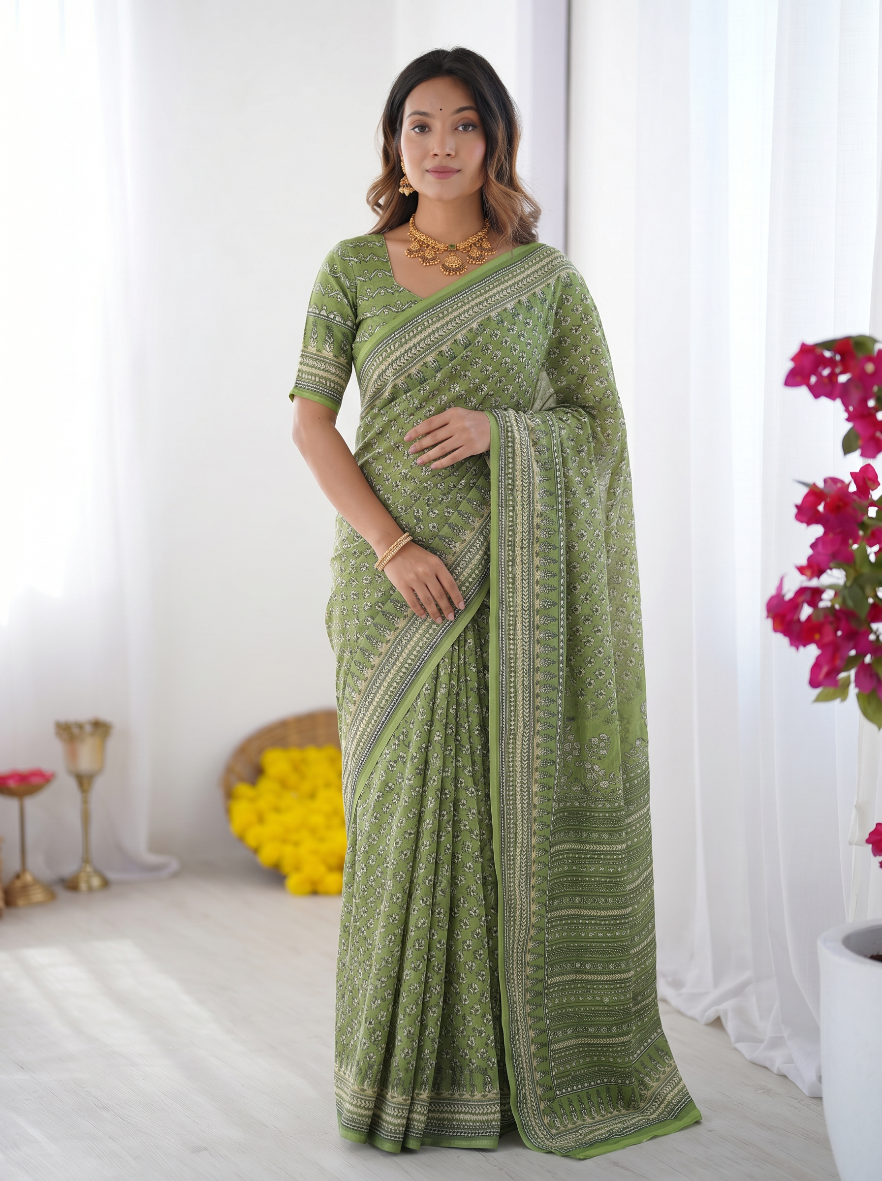 Sage Green Modal Silk Saree with Delicate Floral Butti Prints, Traditional Heritage Border & Elegant Designer Pallu