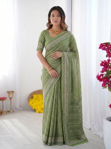 Sage Green Modal Silk Saree with Delicate Floral Butti Prints, Traditional Heritage Border & Elegant Designer Pallu