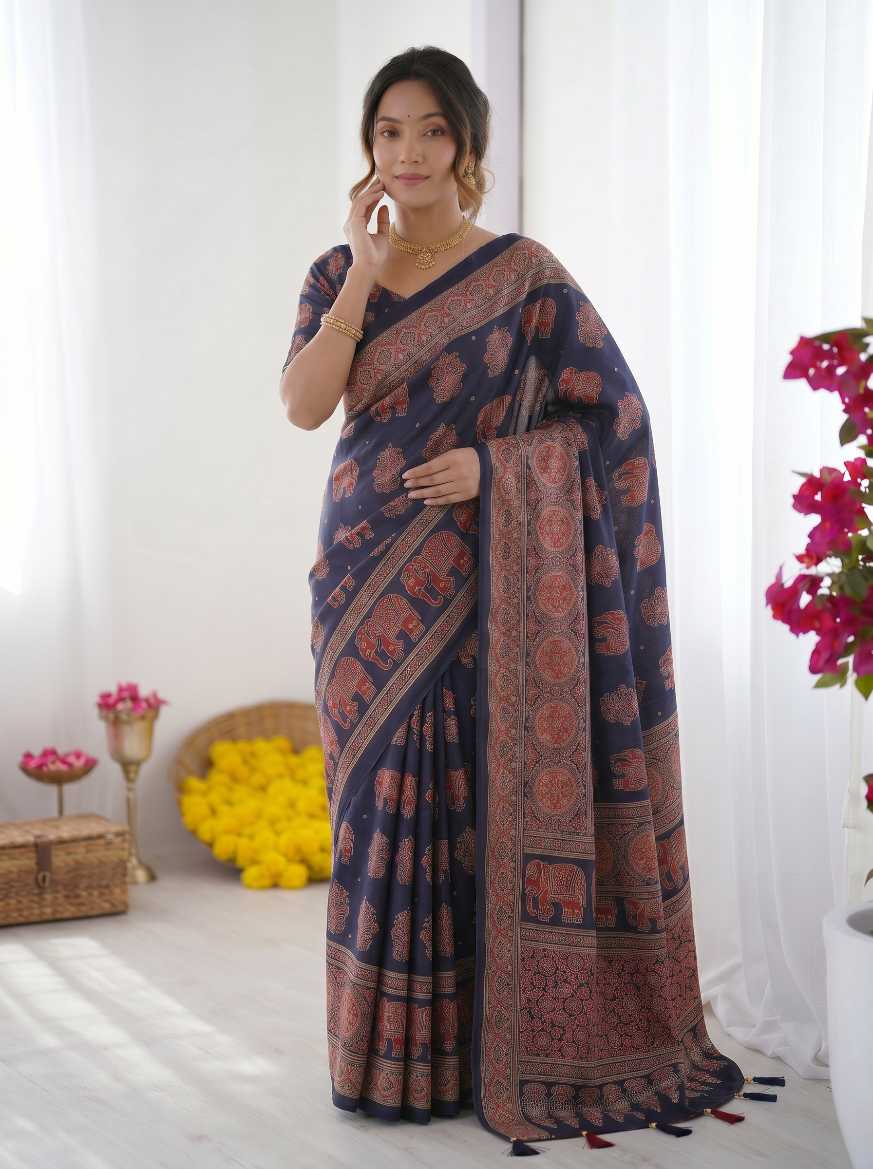 Navy Blue Modal Silk Saree with Elephant Motif Ajrakh Print & Heritage Designer Pallu | Traditional Festive Wear Saree