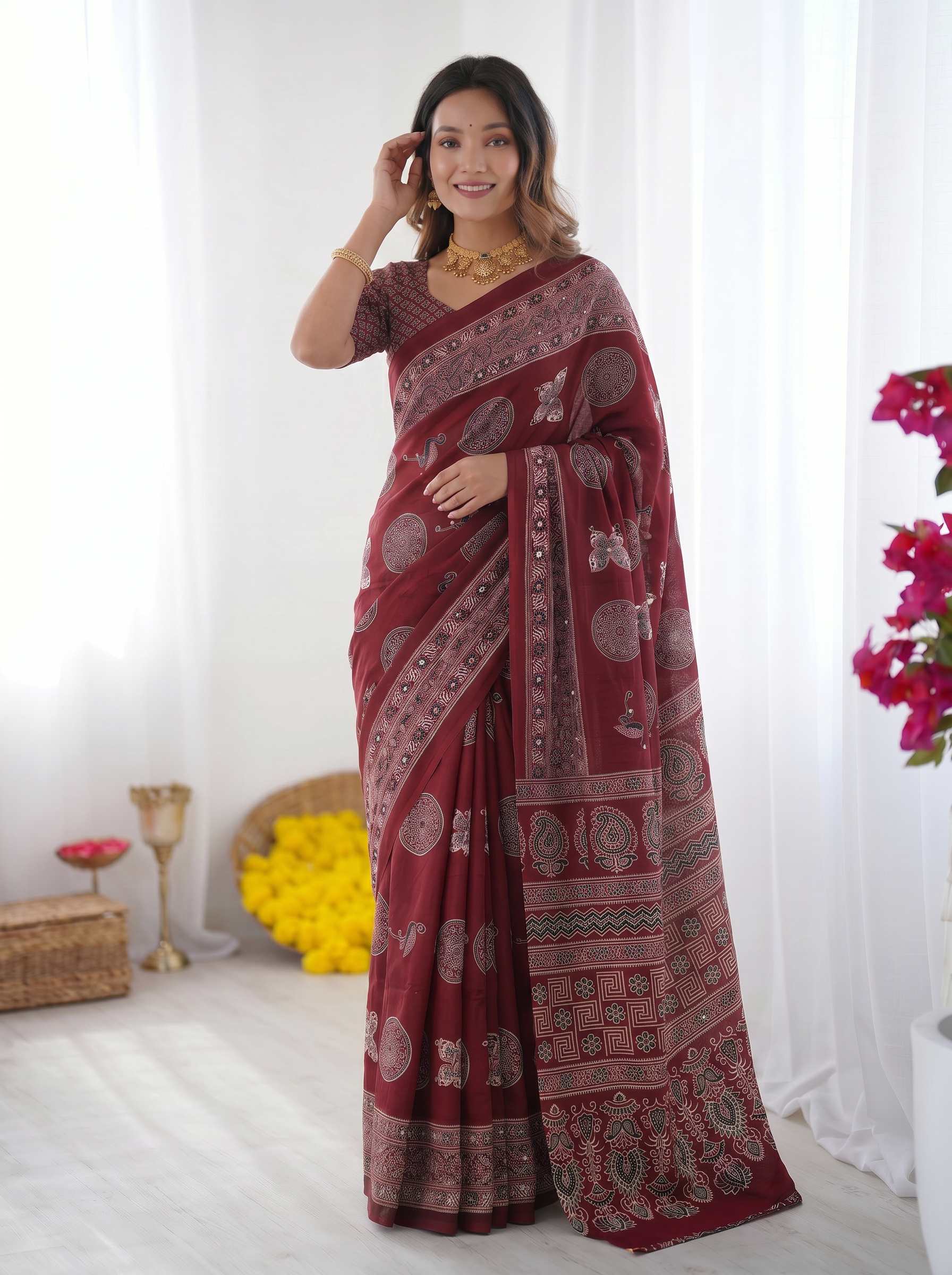 Maroon Modal Silk Saree with Paisley & Circular Motif Print | Designer Heritage Pallu Saree for Festive Wear