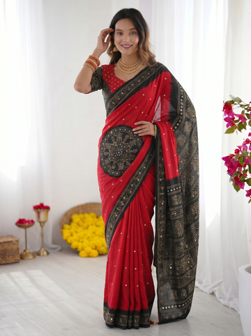 Crimson Red & Black Modal Silk Saree with Traditional Bandhani Inspired Motifs, Stone Work & Heritage Folk Art Pallu