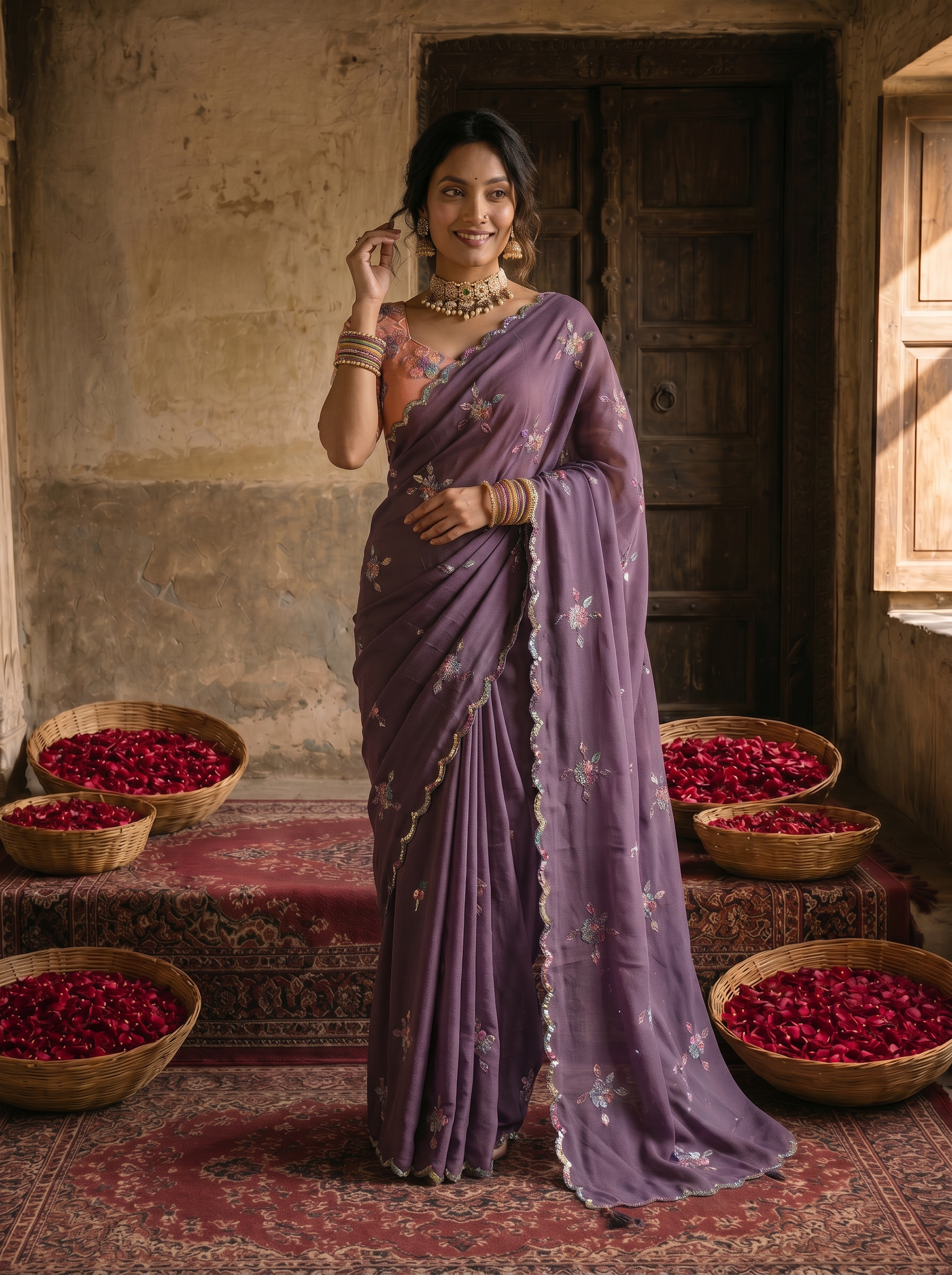 Dusty Lavender Georgette Embroidered Saree with Floral Sequin Work & Peach Designer Blouse