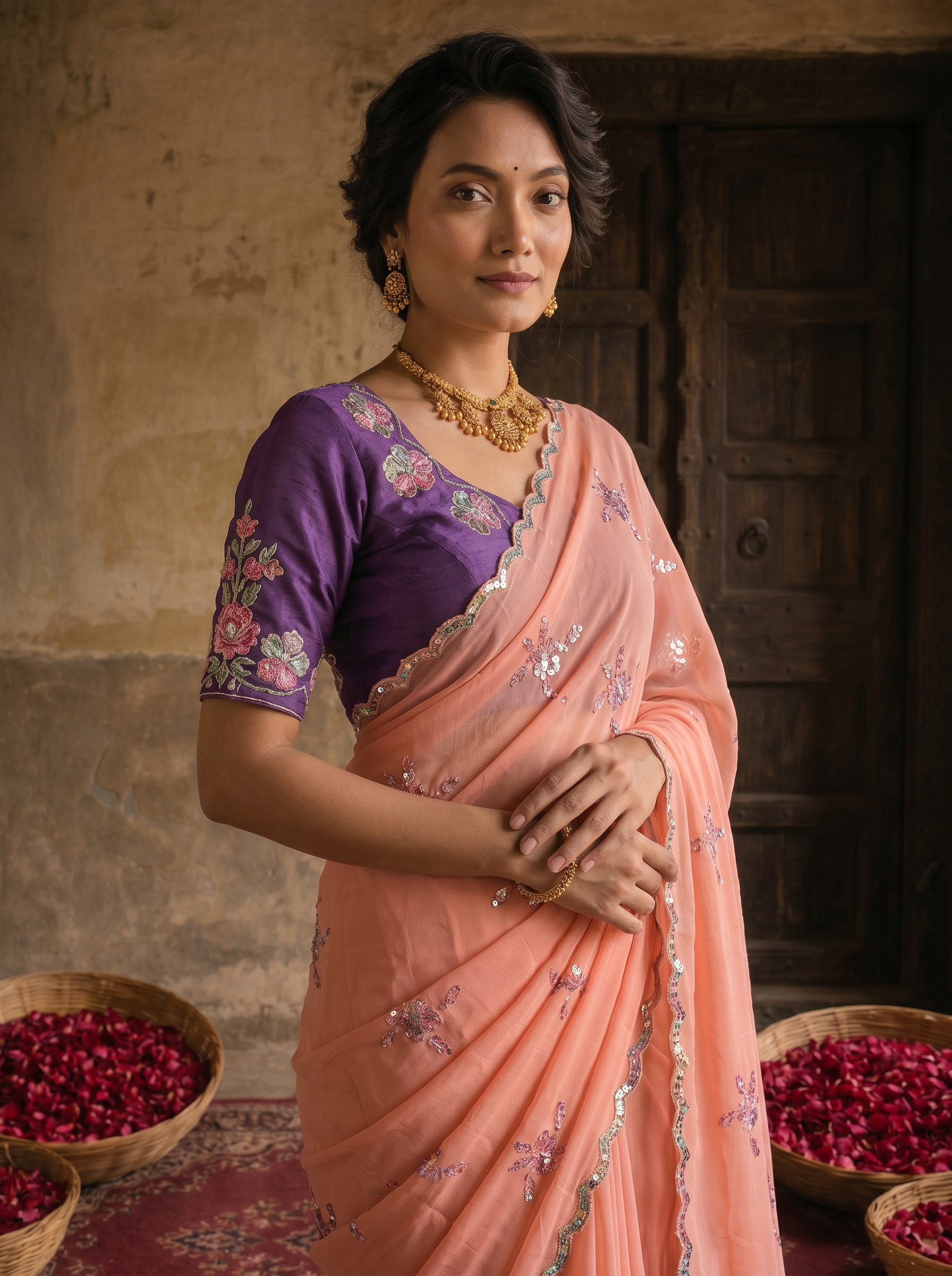 Peach Pink Georgette Embroidered Saree with Floral Sequin Work & Contrast Purple Blouse