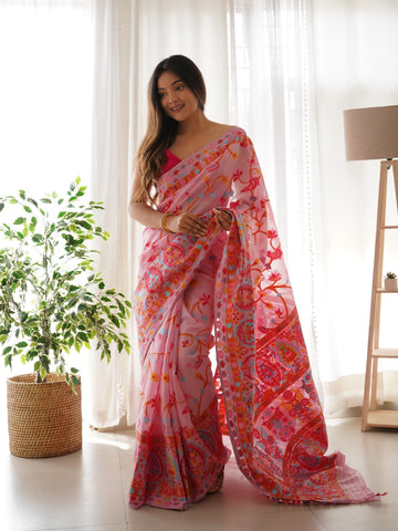 Cotton Kachhi work Multi Thrade Kashmiri Pashmina Saree