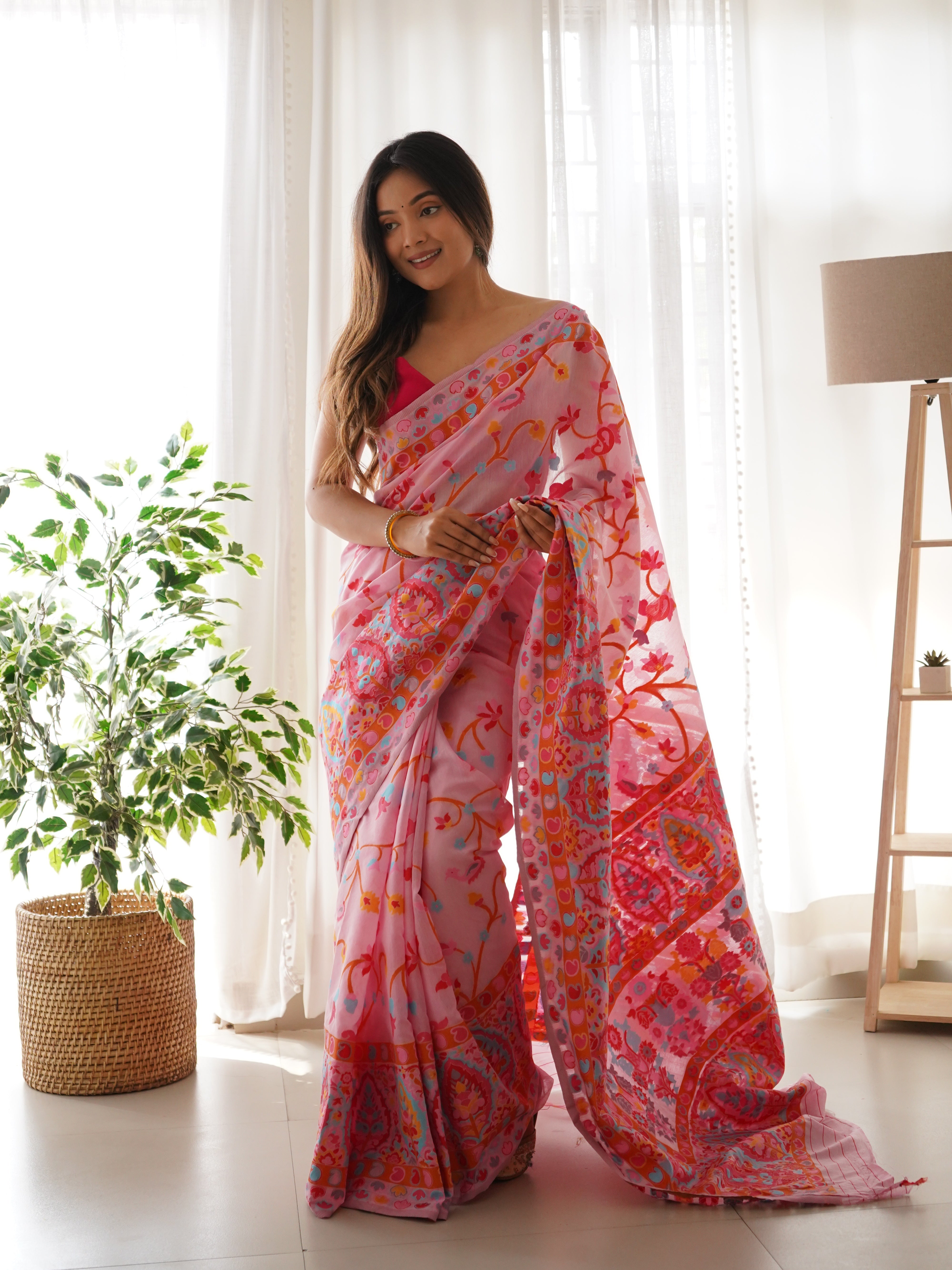 Cotton Kachhi work Multi Thrade Kashmiri Pashmina Saree