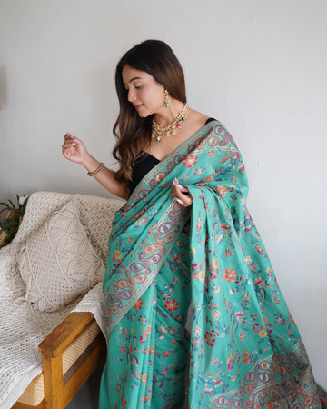 Cotton Kachhi Work Kashmiri Pashmina Multi Thrade Saree