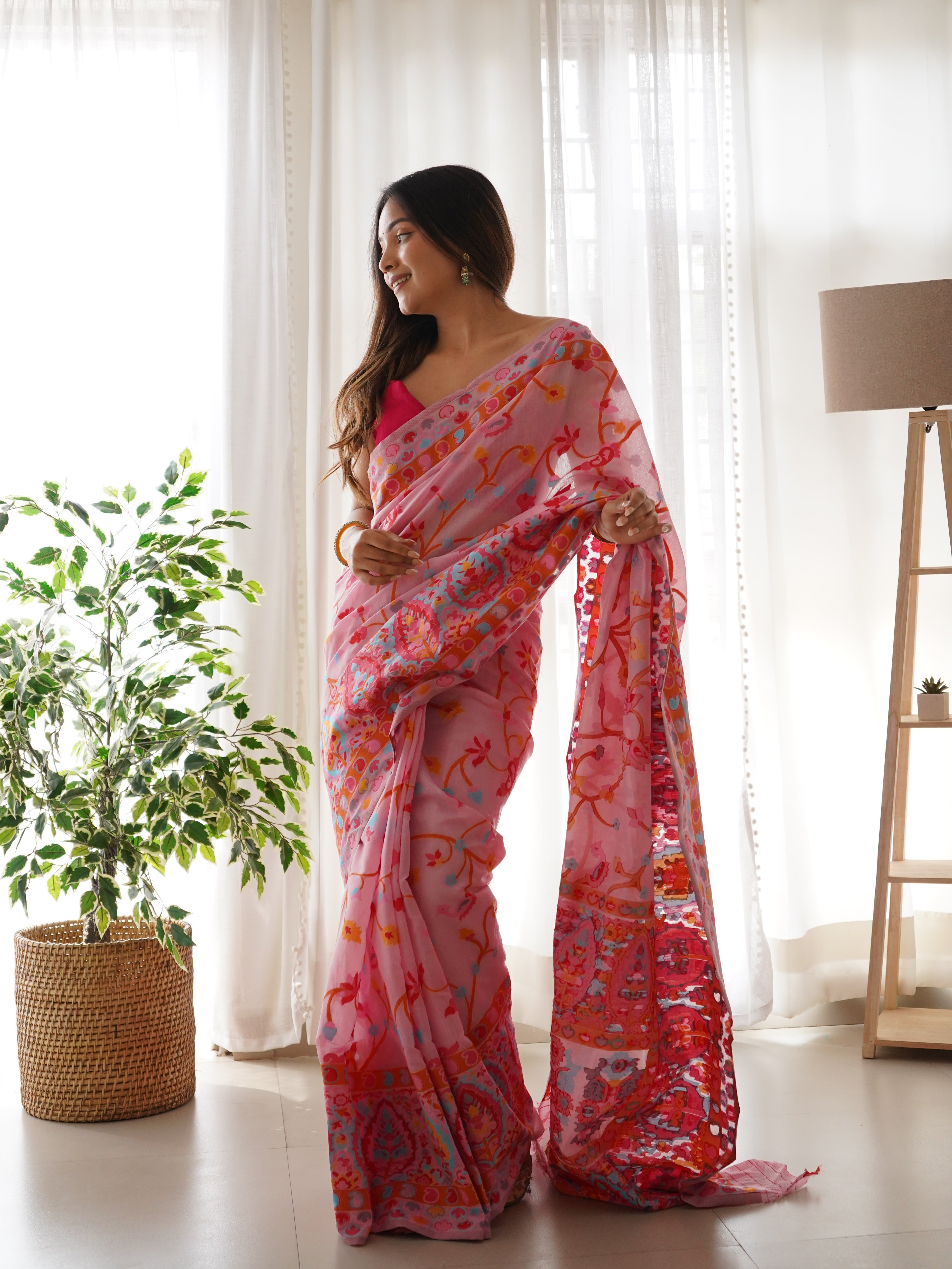 Cotton Kachhi work Multi Thrade Kashmiri Pashmina Saree