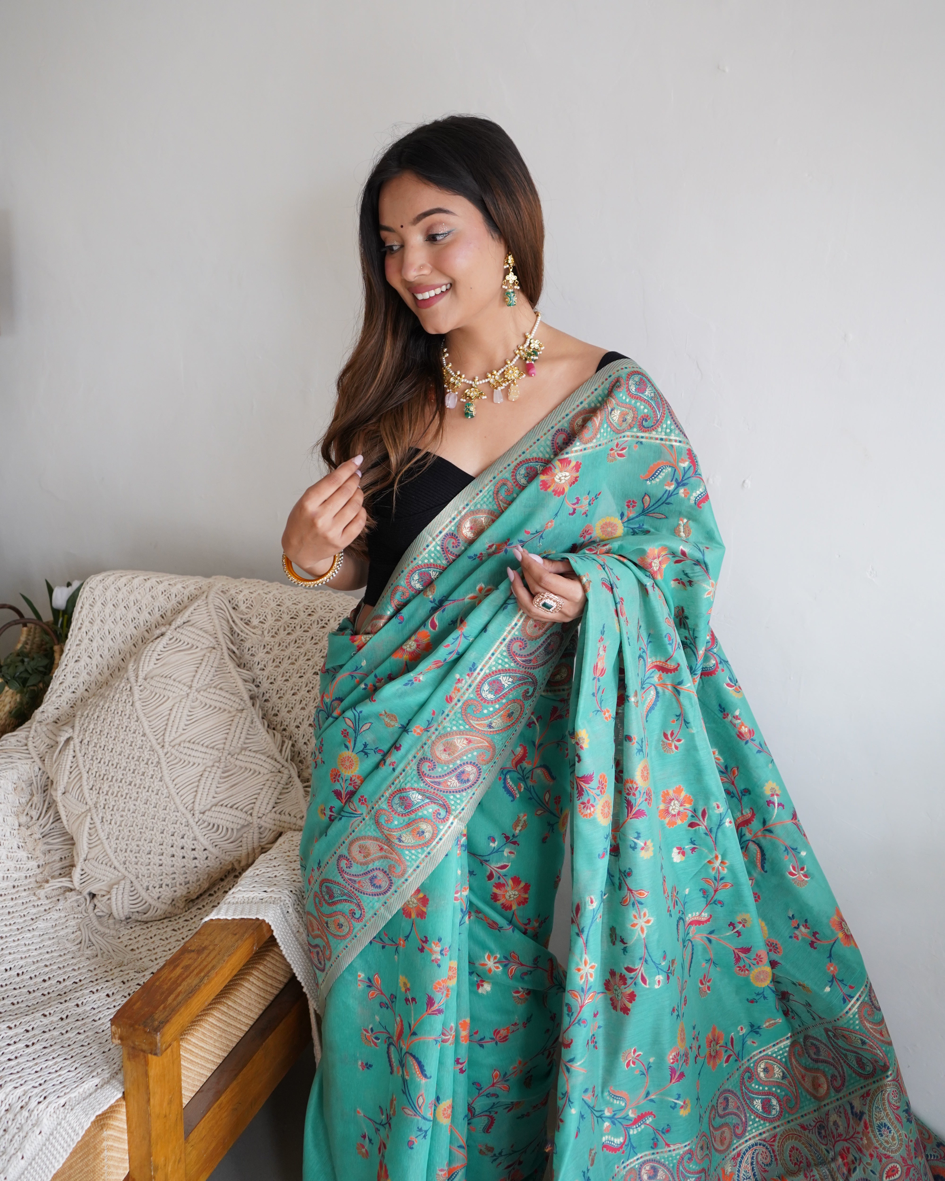 Cotton Kachhi Work Kashmiri Pashmina Multi Thrade Saree