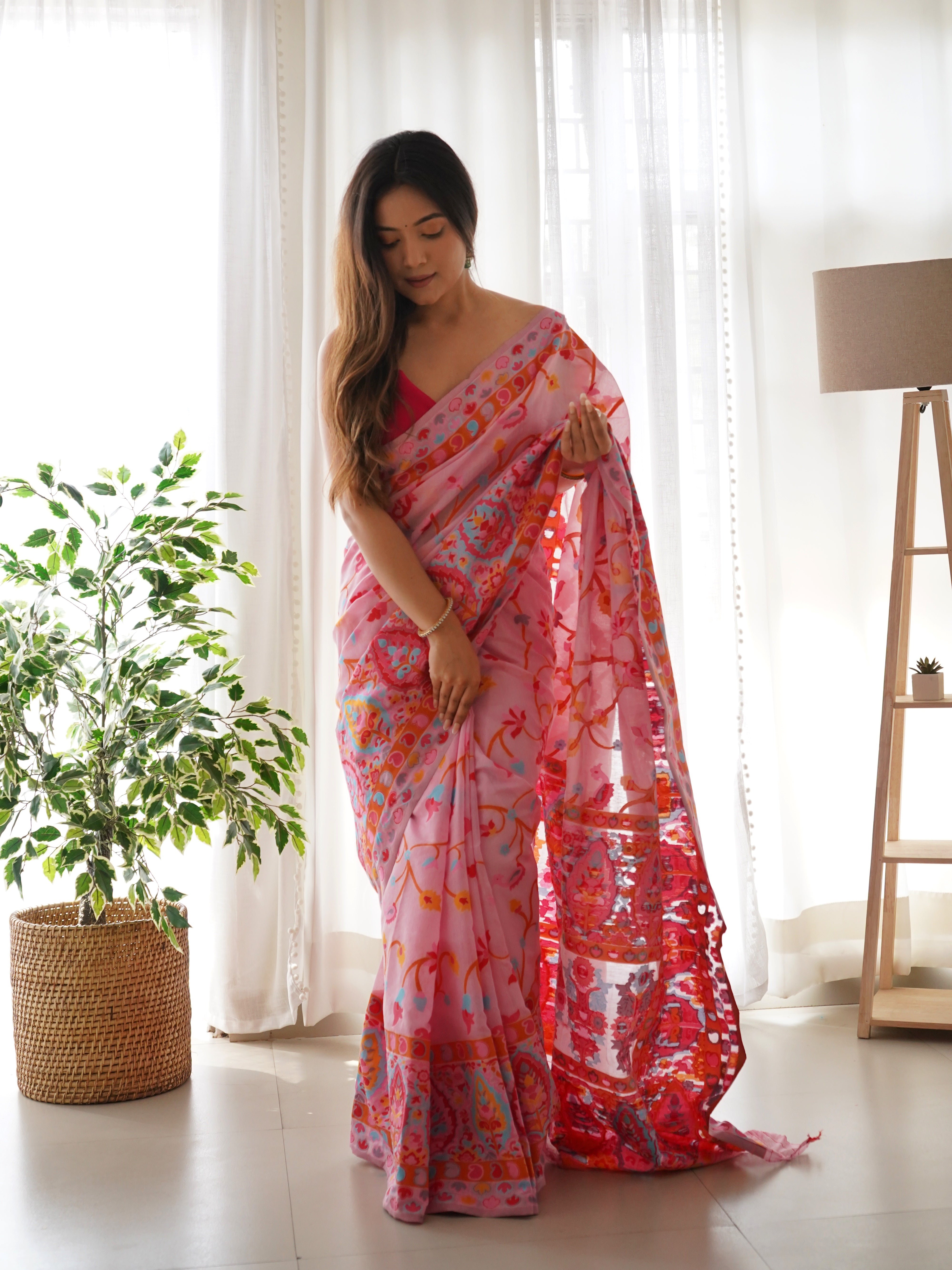 Cotton Kachhi work Multi Thrade Kashmiri Pashmina Saree