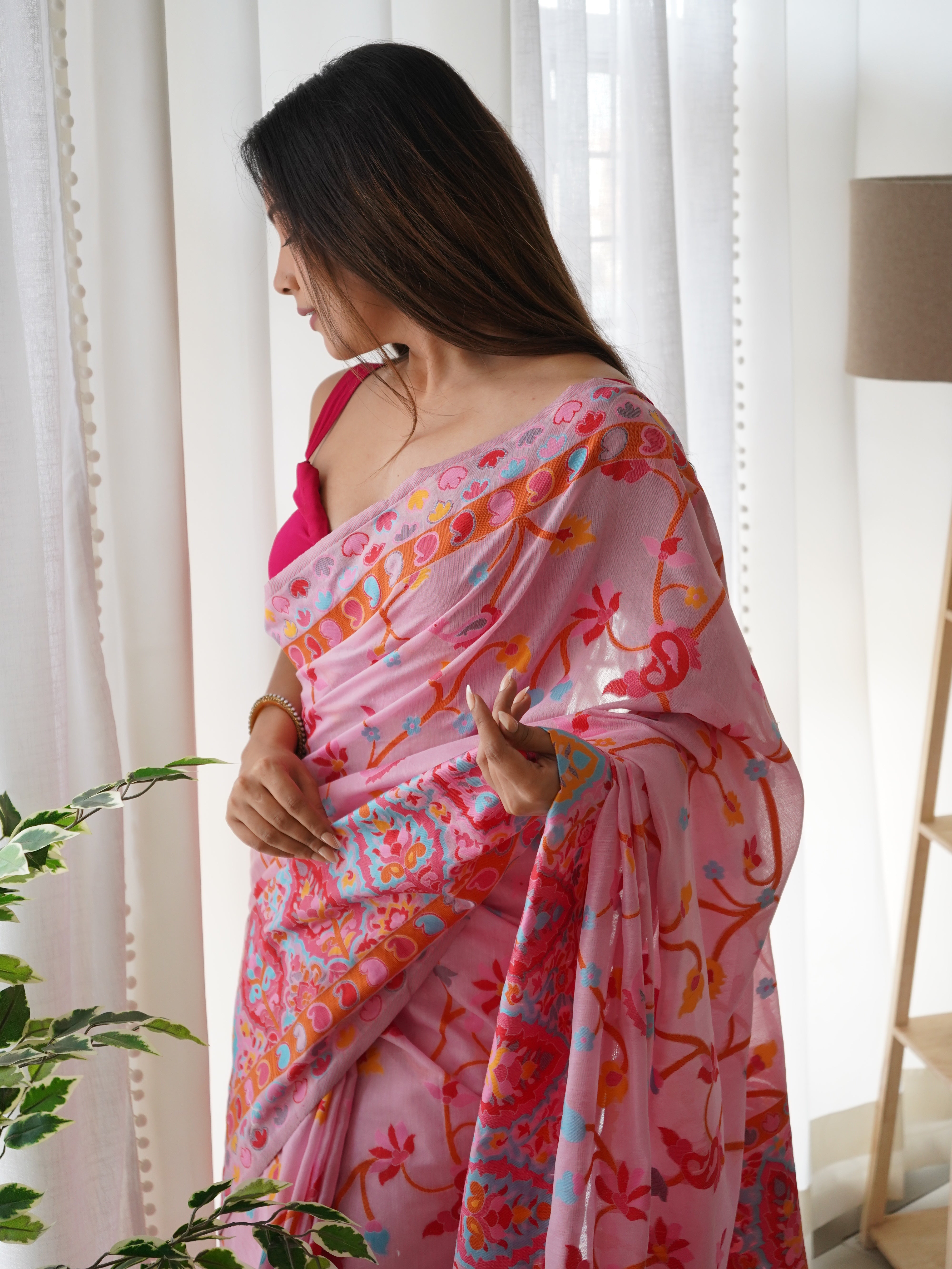 Cotton Kachhi work Multi Thrade Kashmiri Pashmina Saree