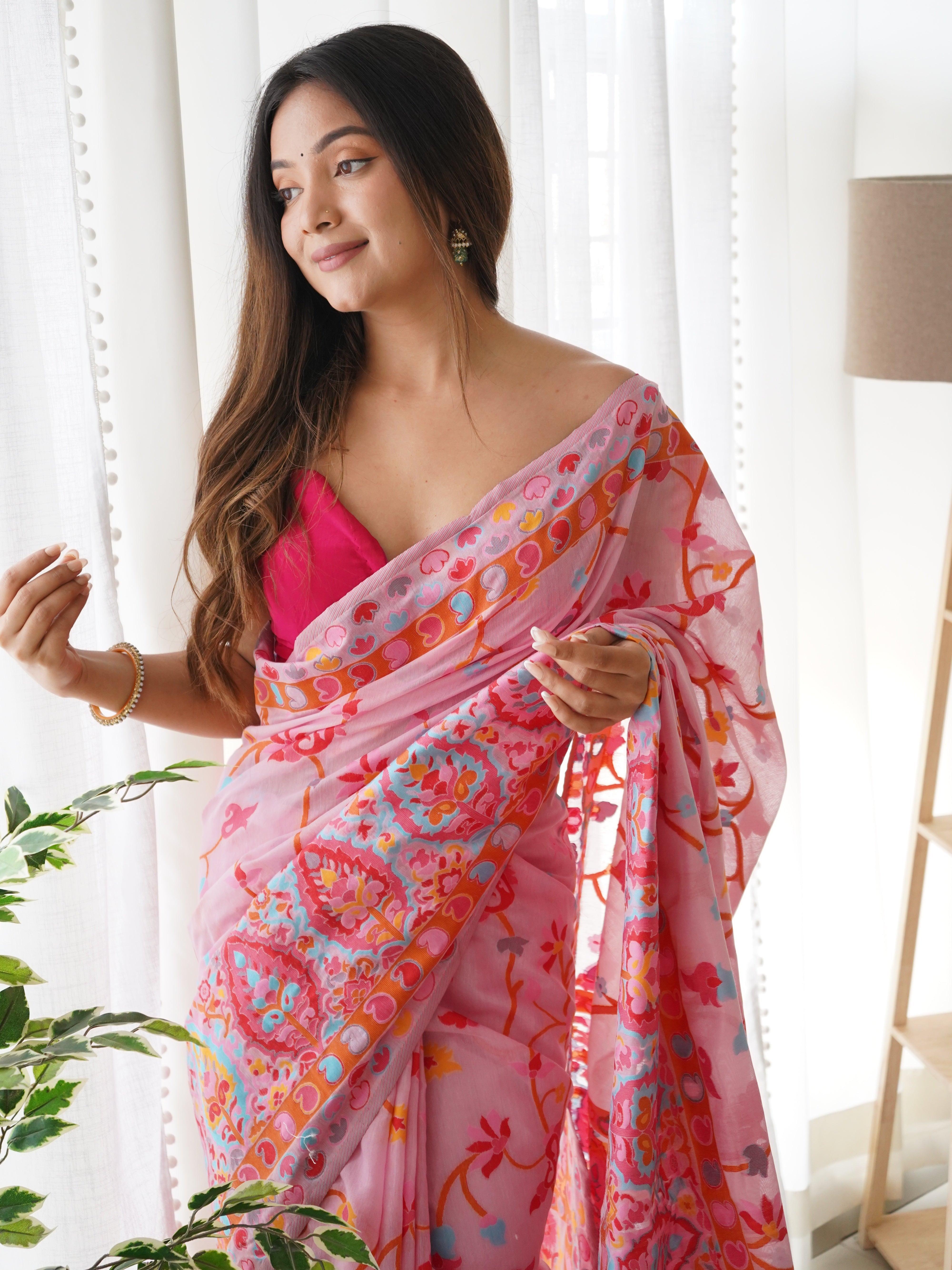 Cotton Kachhi work Multi Thrade Kashmiri Pashmina Saree