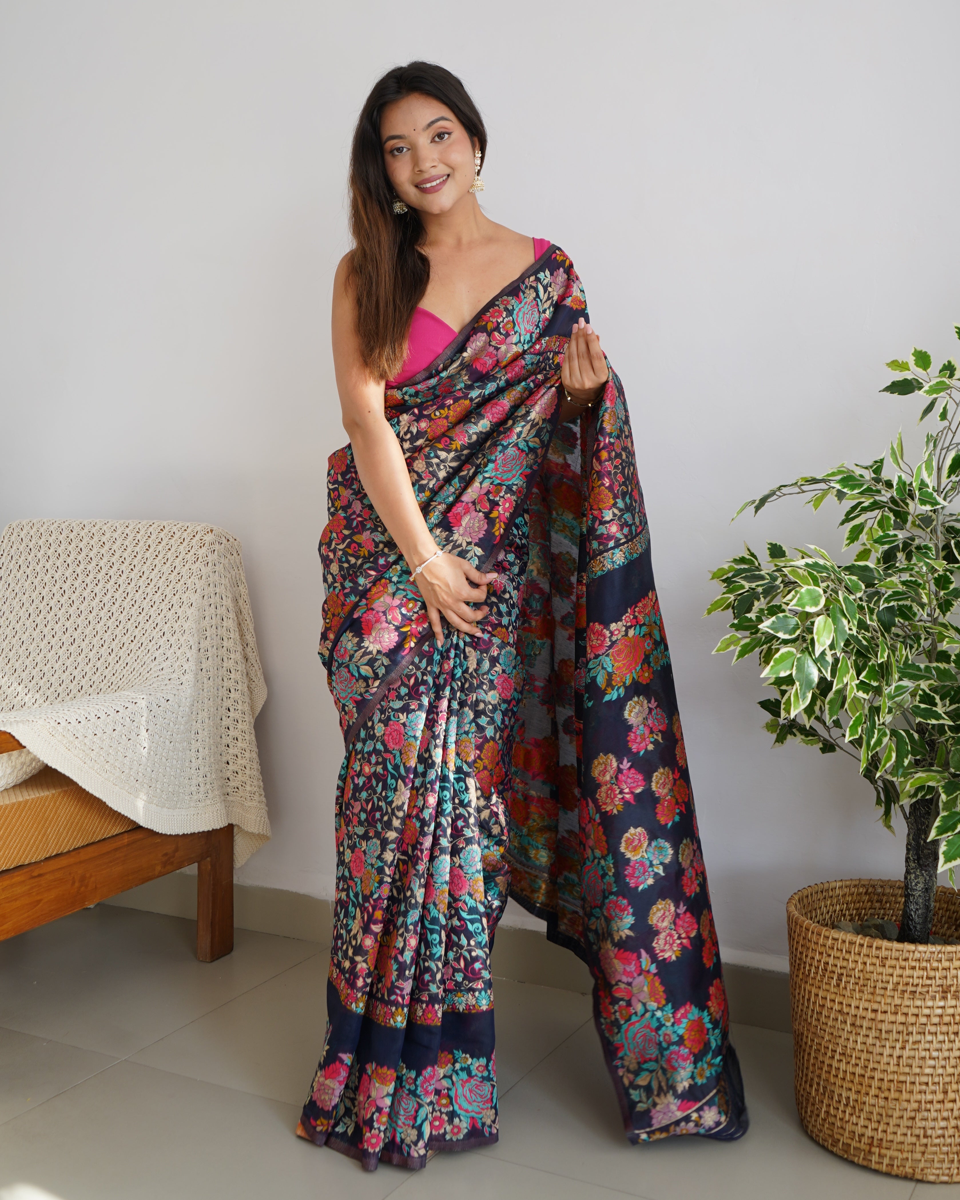 Cotton Kachhi work Multi Thrade Kashmiri Pashmina Saree