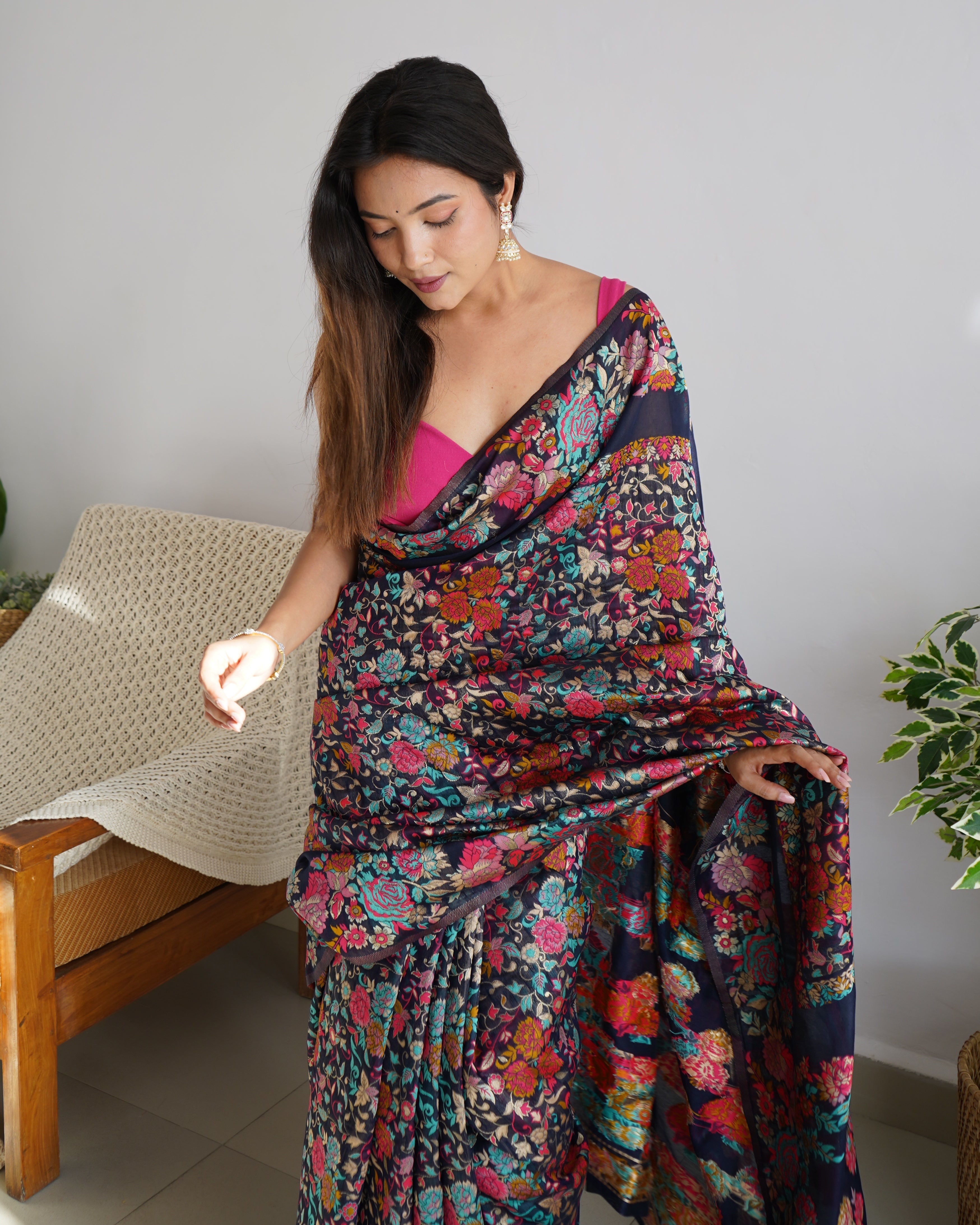 Cotton Kachhi work Multi Thrade Kashmiri Pashmina Saree