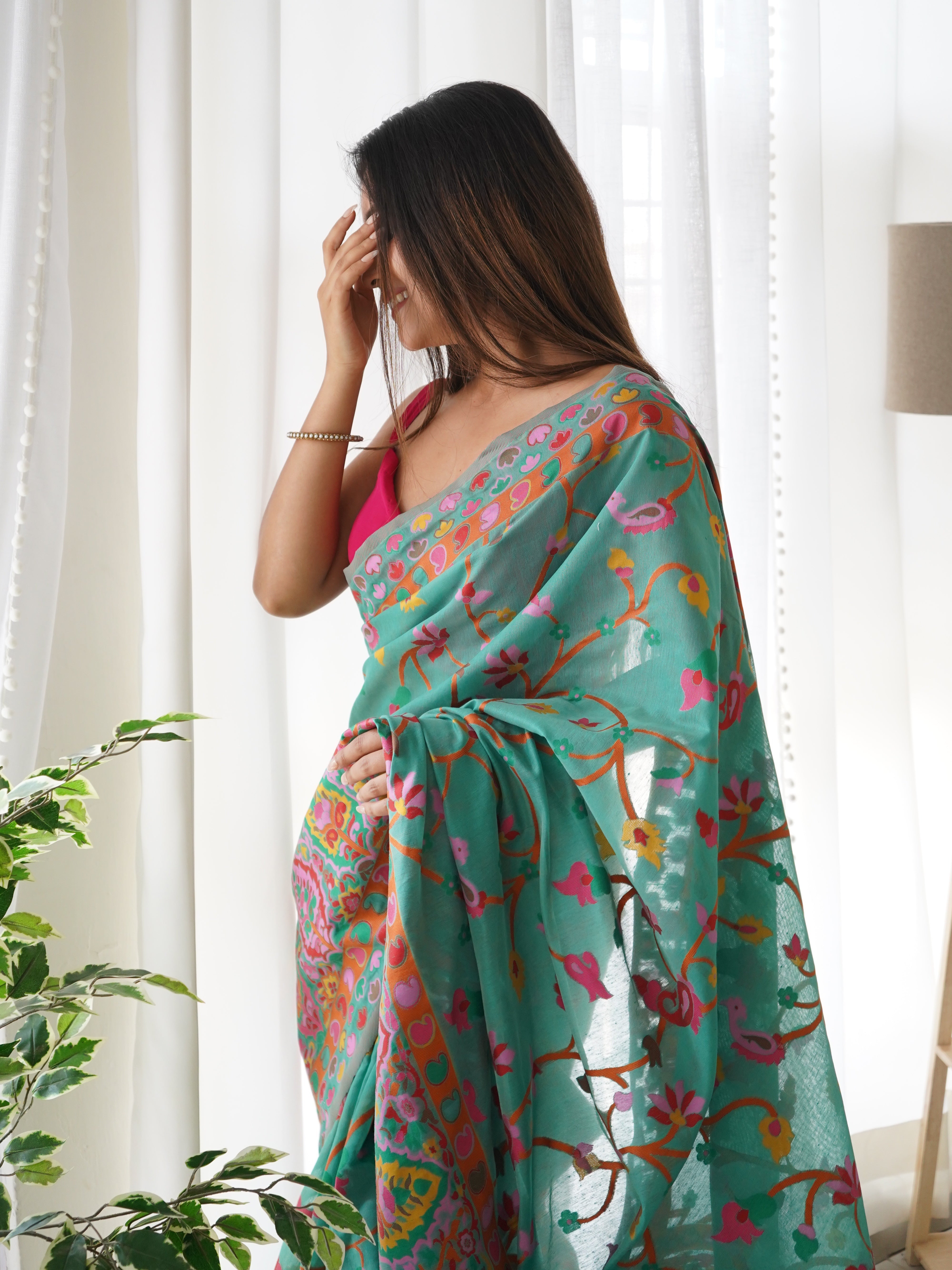 Cotton Kachhi work Multi Thrade Kashmiri Pashmina Saree