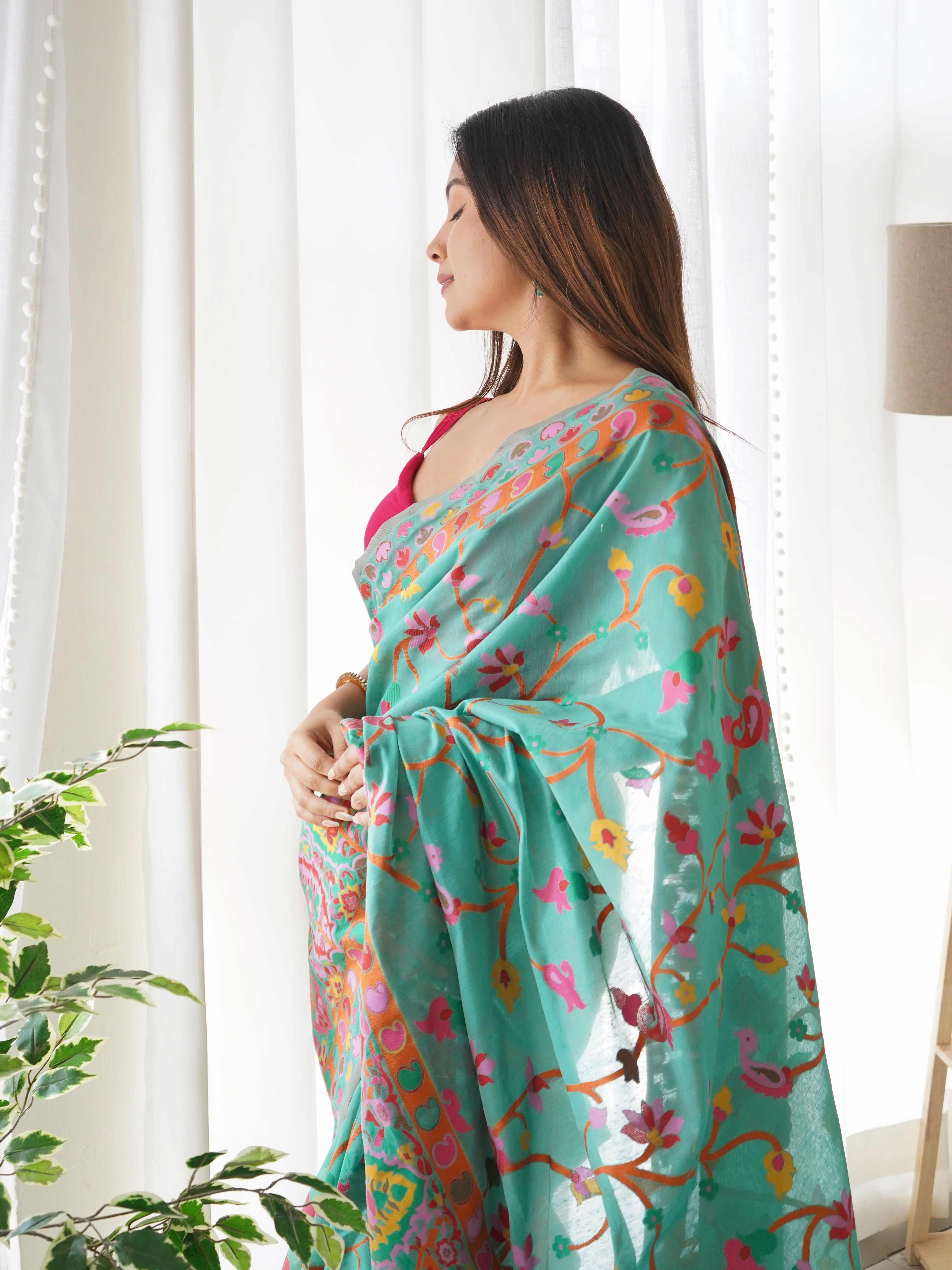 Cotton Kachhi work Multi Thrade Kashmiri Pashmina Saree