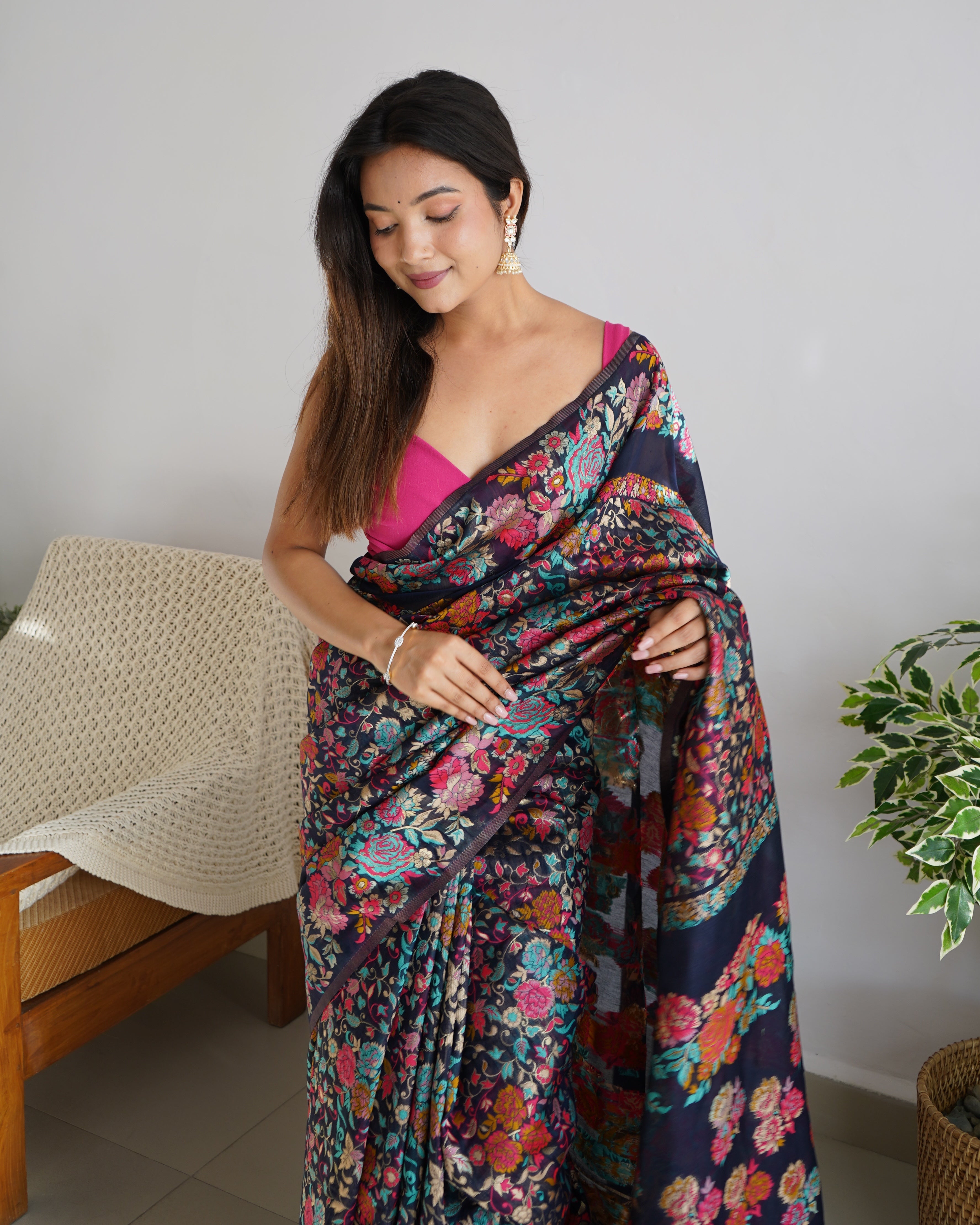 Cotton Kachhi work Multi Thrade Kashmiri Pashmina Saree