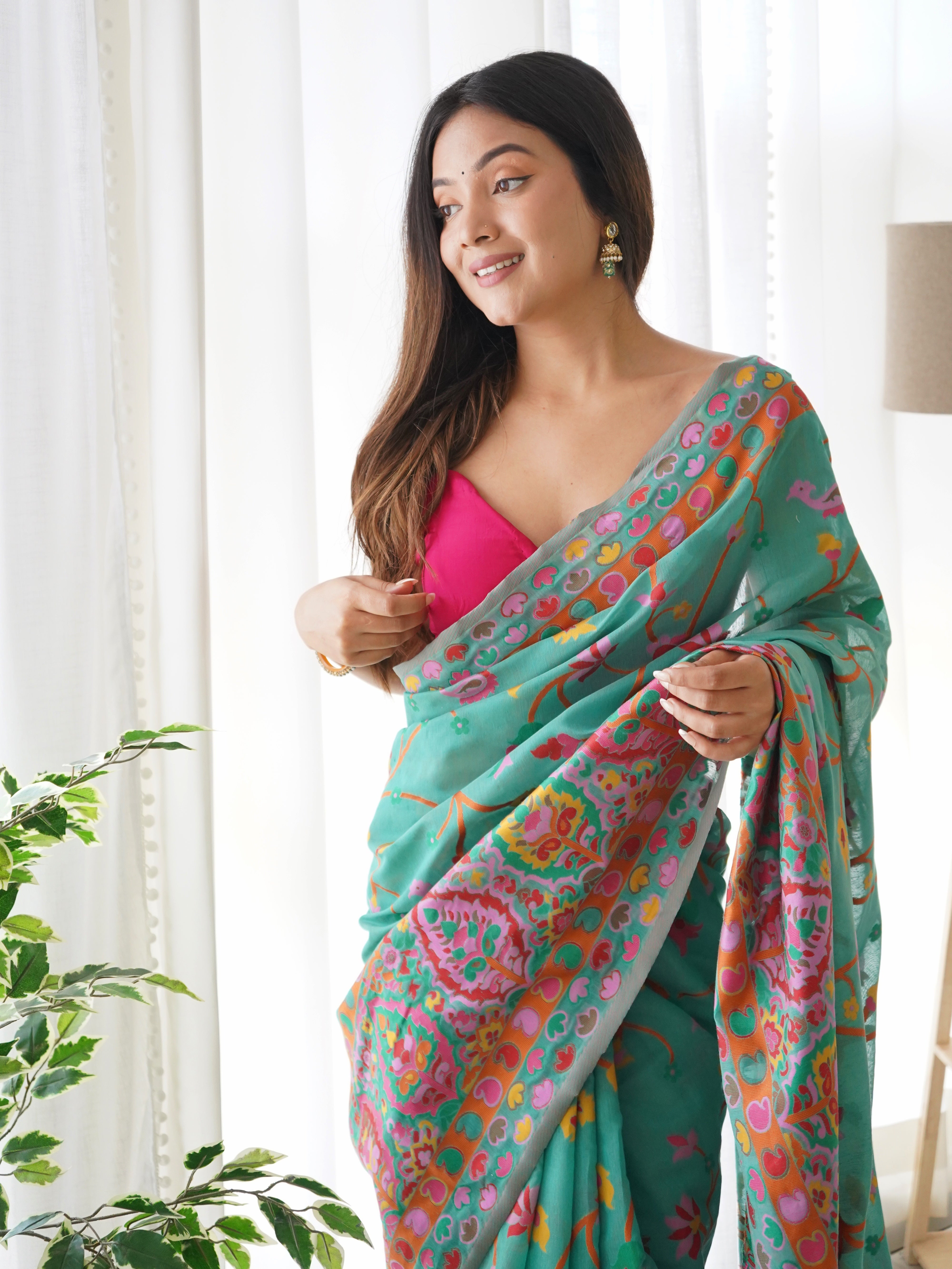 Cotton Kachhi work Multi Thrade Kashmiri Pashmina Saree