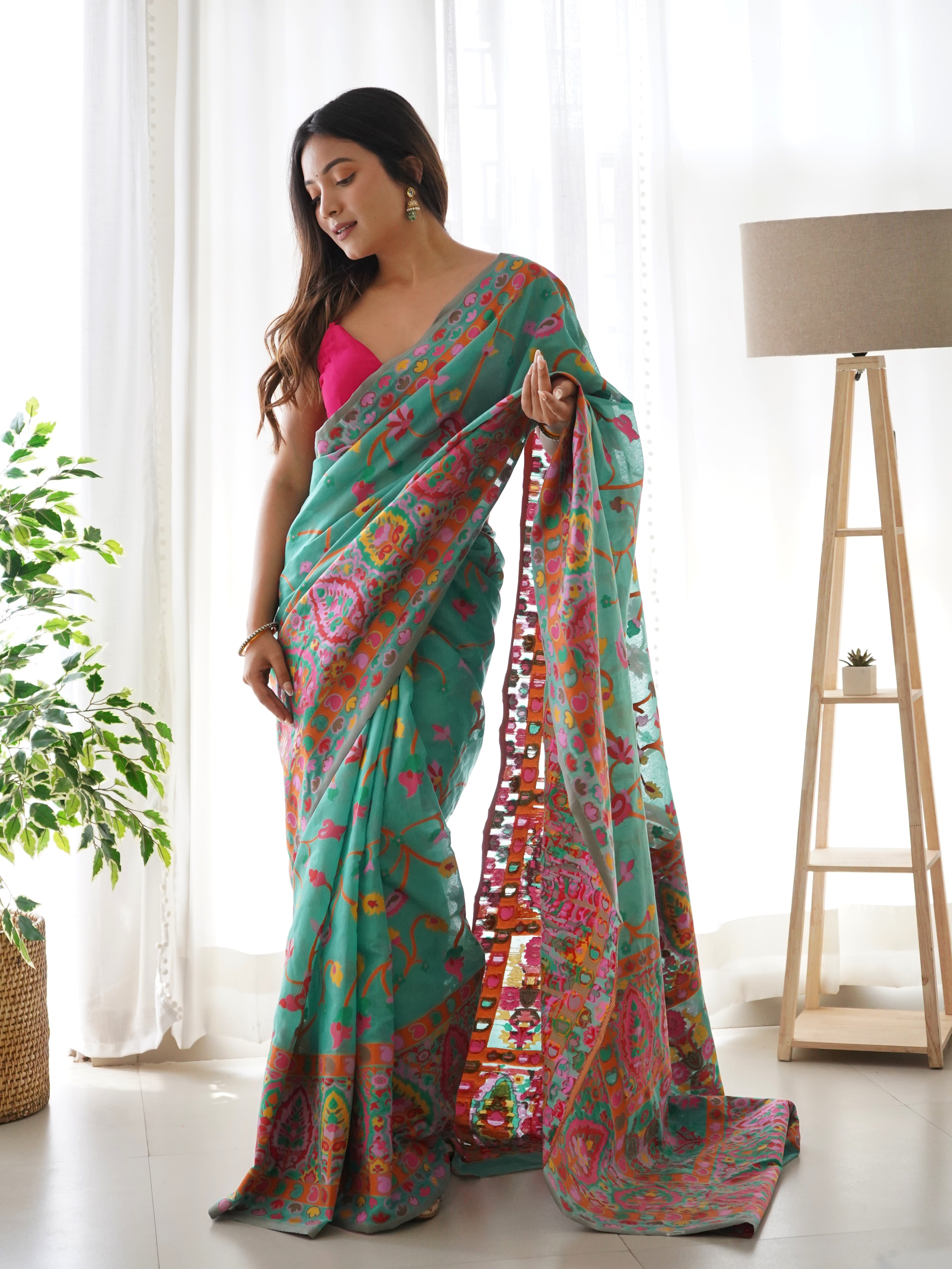 Cotton Kachhi work Multi Thrade Kashmiri Pashmina Saree