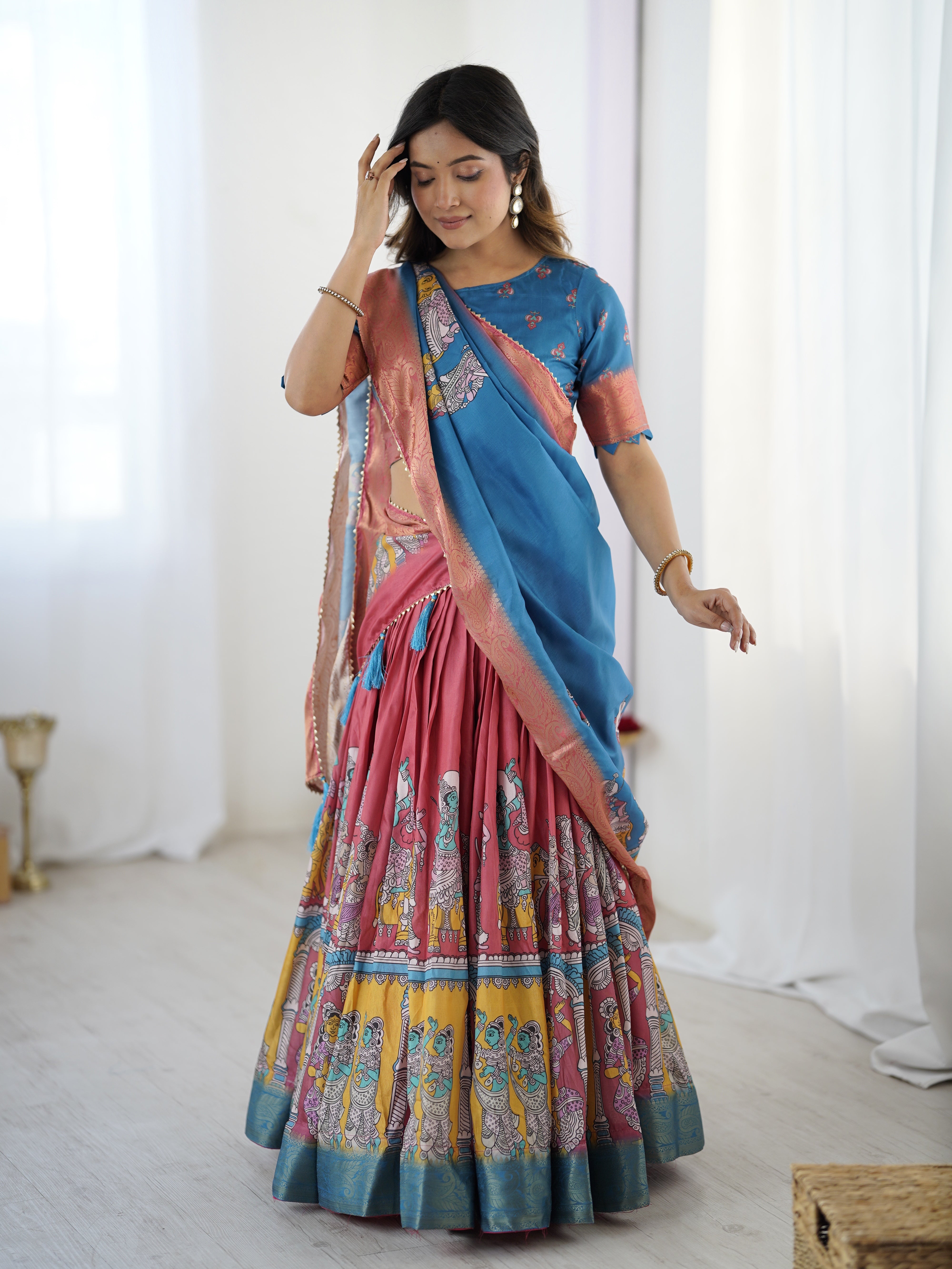 Elegant Kalamkari Lehenga in Blue and Terracotta Pink with Flared Skirt and Dupatta
