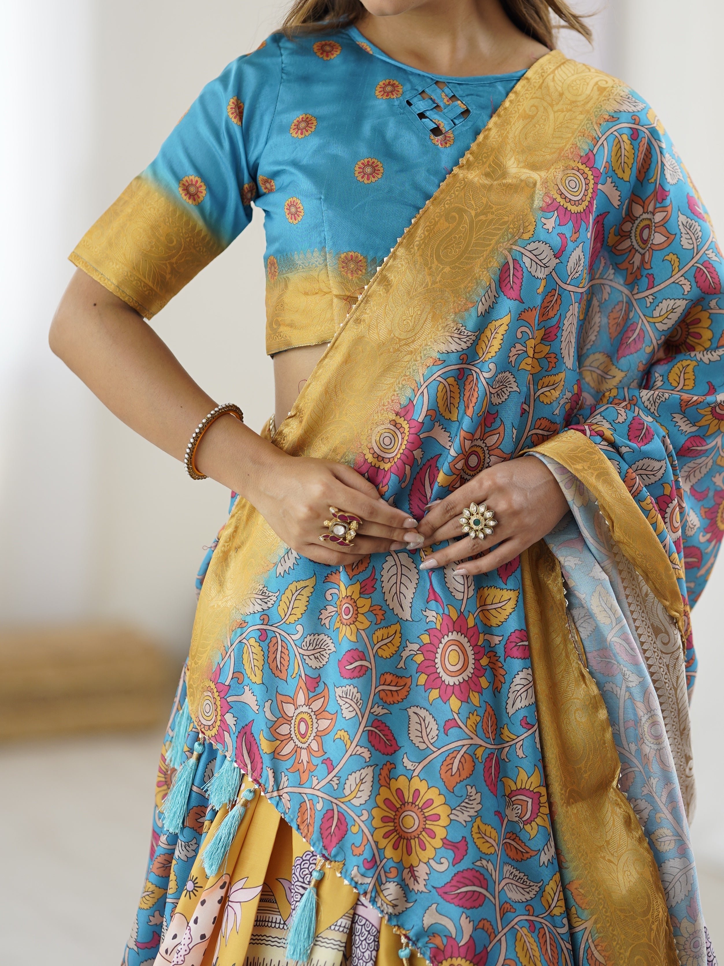 Elegant Kalamkari Lehenga in Blue and Peach with Floral Dupatta and Flared Skirt