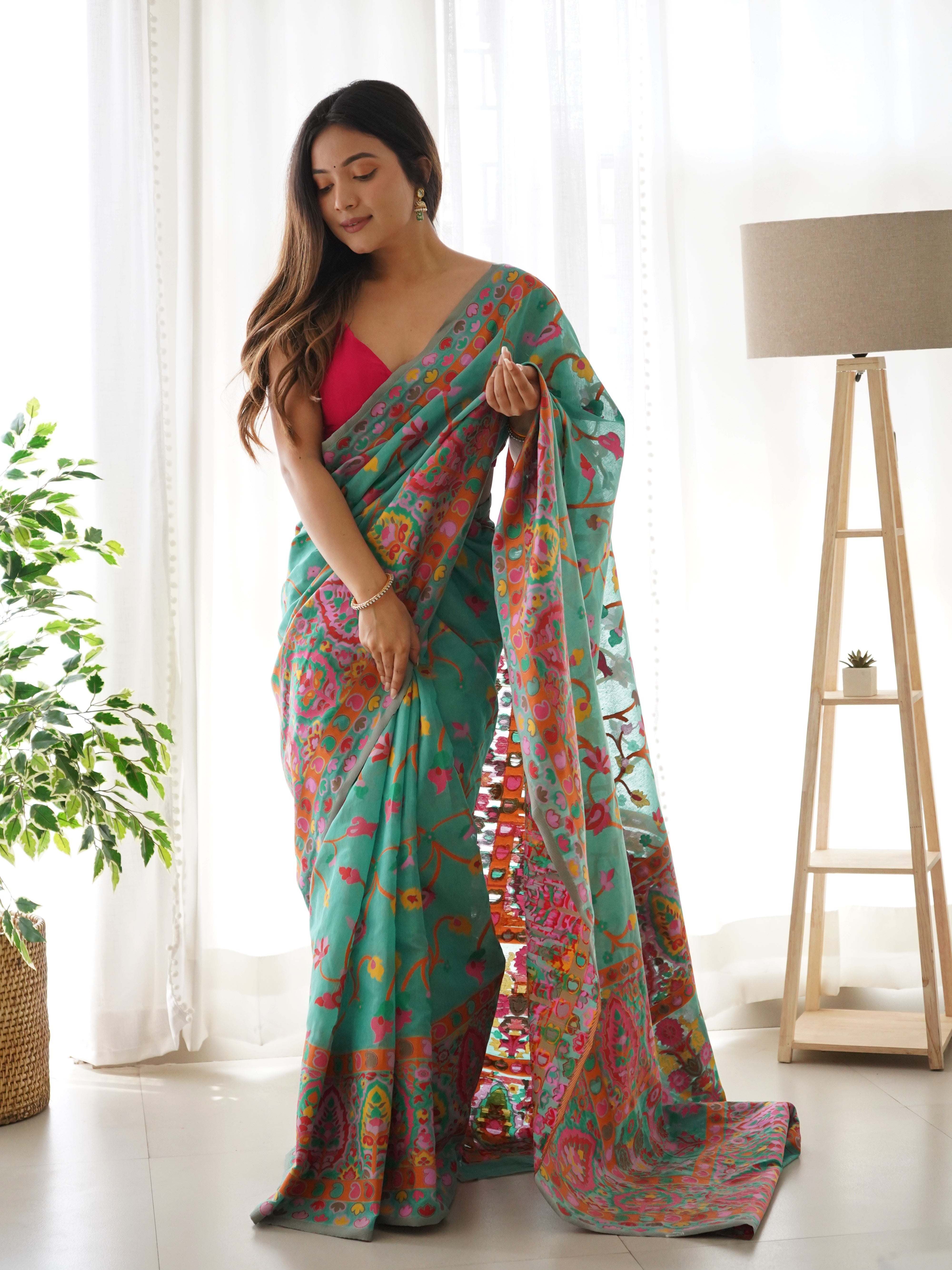 Cotton Kachhi work Multi Thrade Kashmiri Pashmina Saree