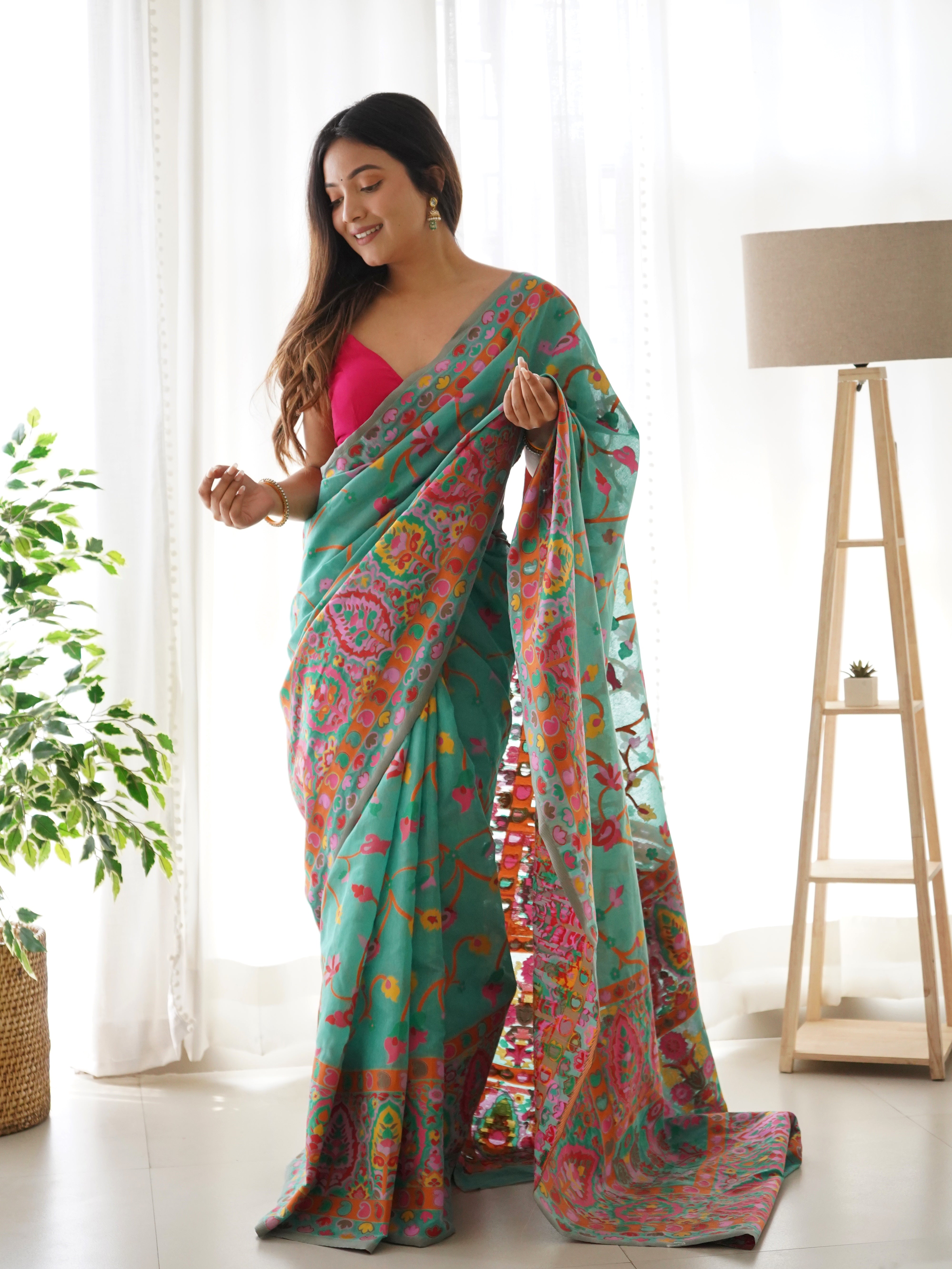 Cotton Kachhi work Multi Thrade Kashmiri Pashmina Saree