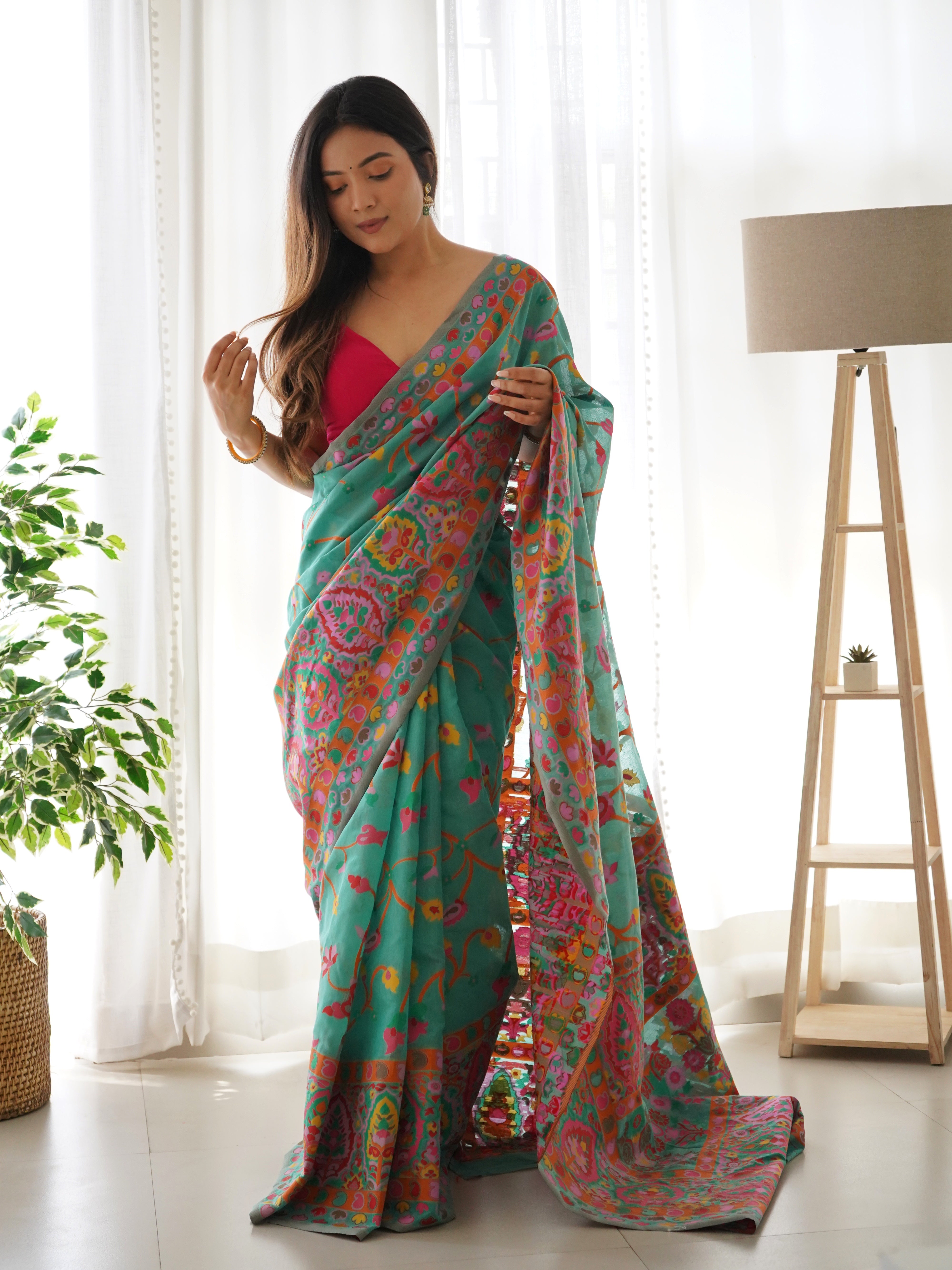 Cotton Kachhi work Multi Thrade Kashmiri Pashmina Saree
