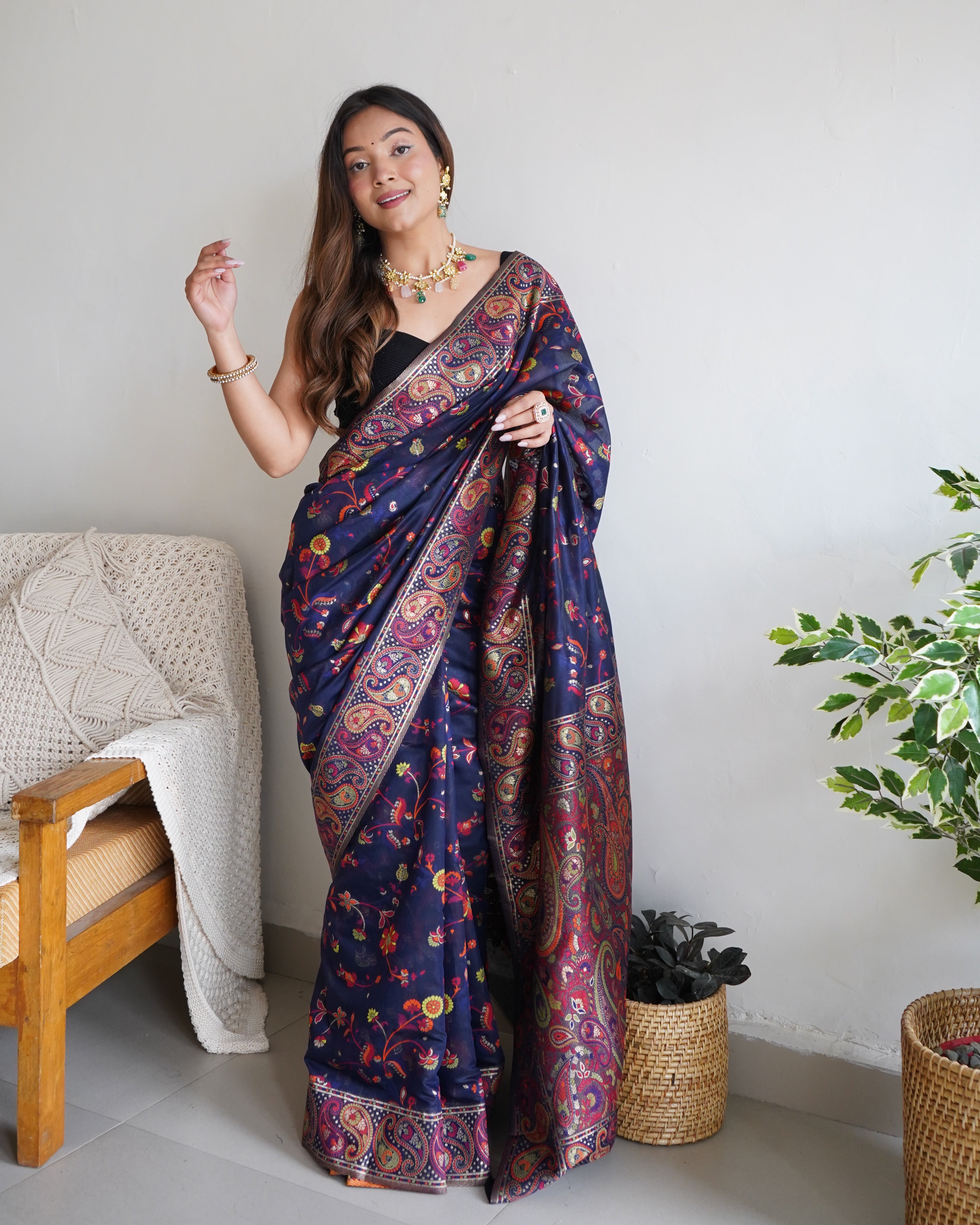 Cotton Kachhi work Multi Thrade Kashmiri Pashmina Saree