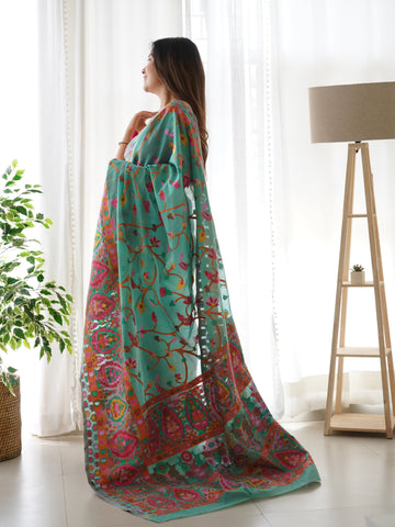 Cotton Kachhi work Multi Thrade Kashmiri Pashmina Saree