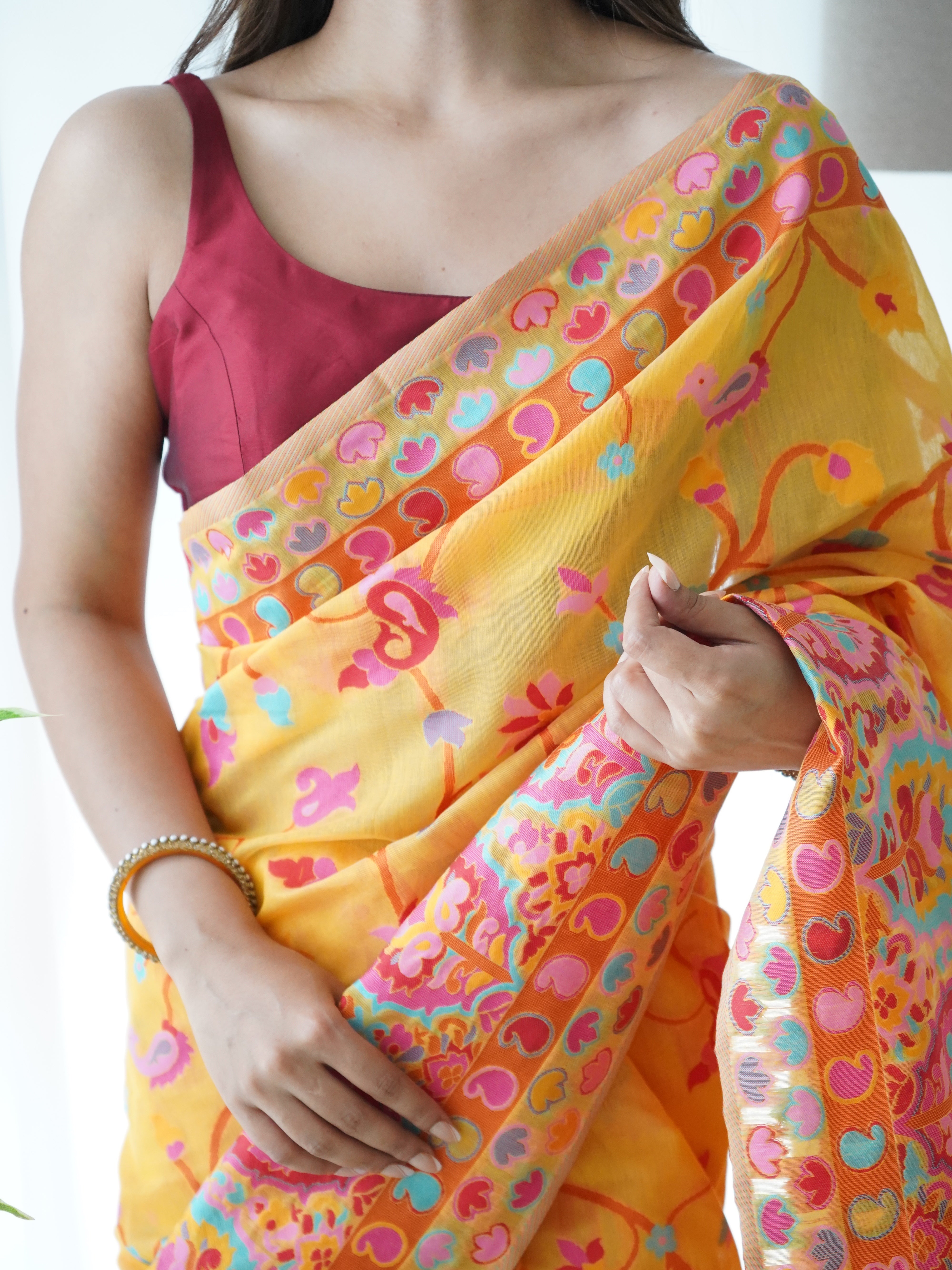 Cotton Kachhi work Multi Thrade Kashmiri Pashmina Saree