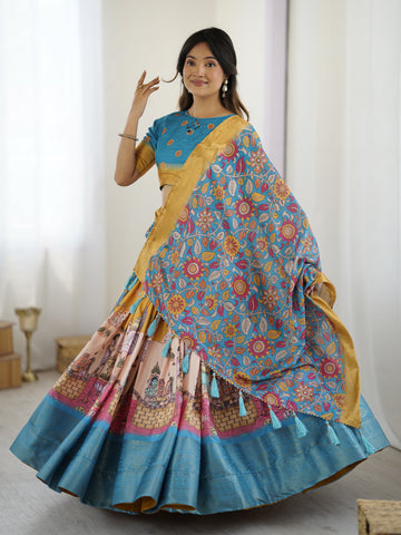 Elegant Kalamkari Lehenga in Blue and Peach with Floral Dupatta and Flared Skirt