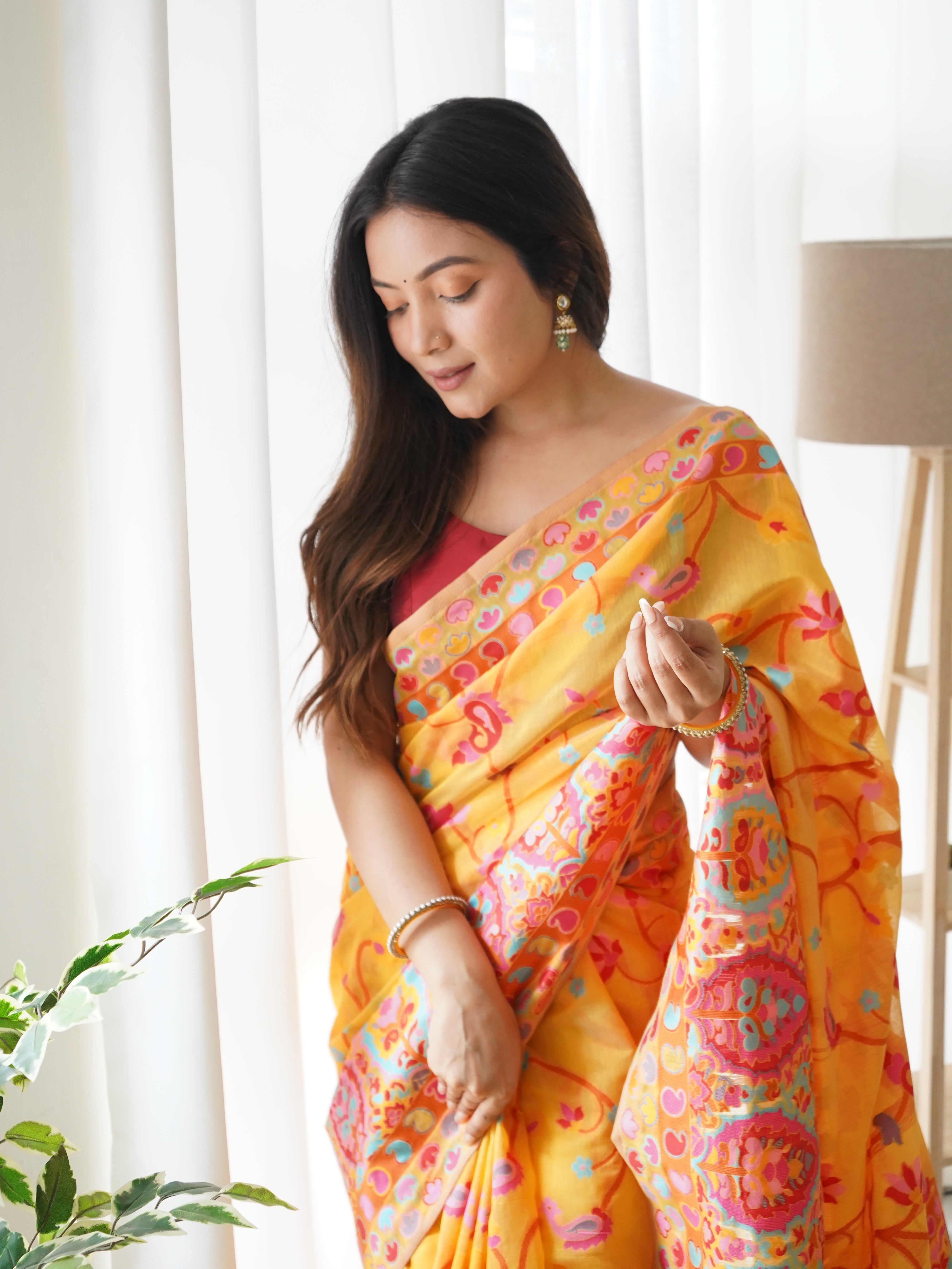 Cotton Kachhi work Multi Thrade Kashmiri Pashmina Saree