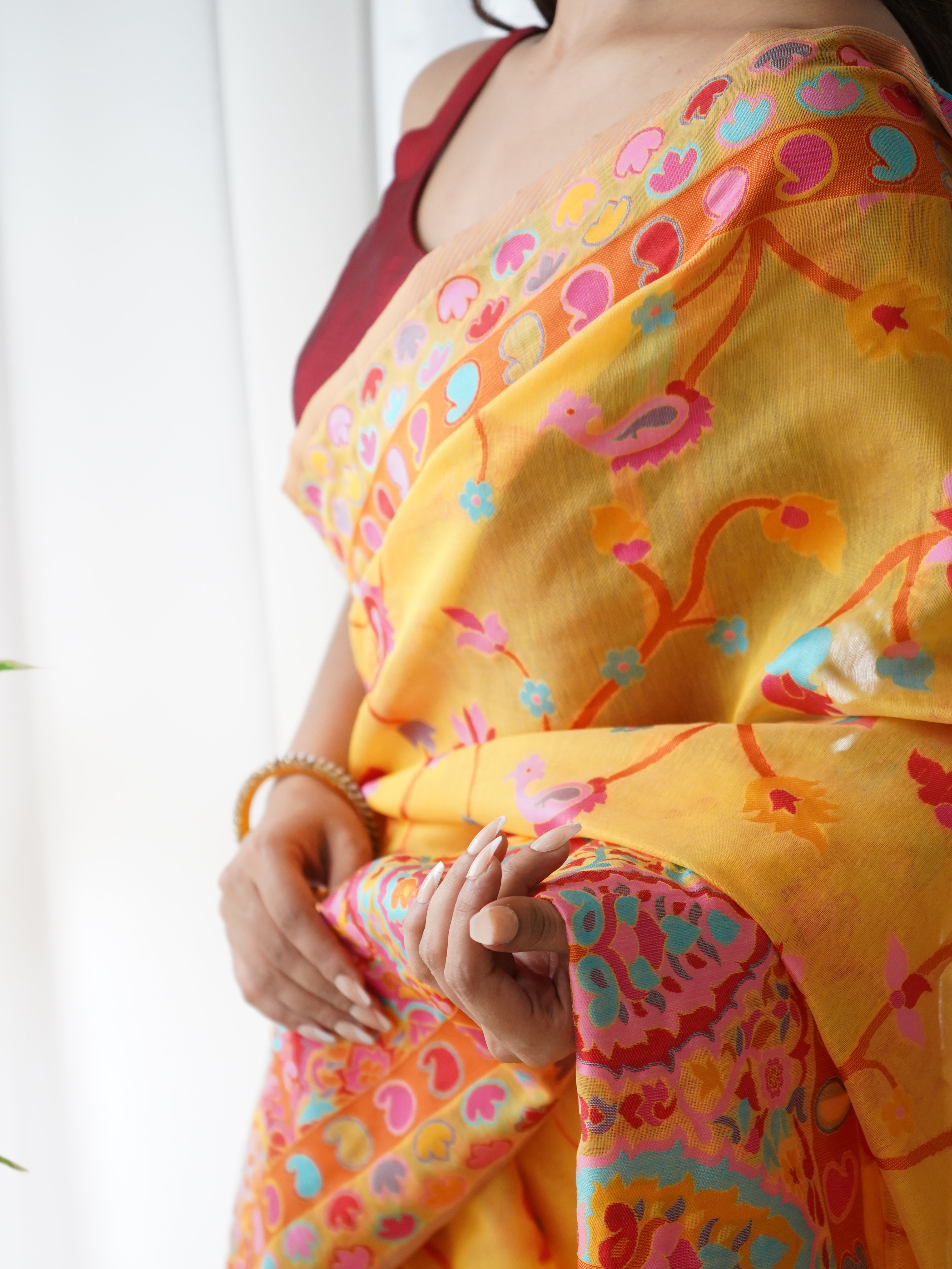 Cotton Kachhi work Multi Thrade Kashmiri Pashmina Saree