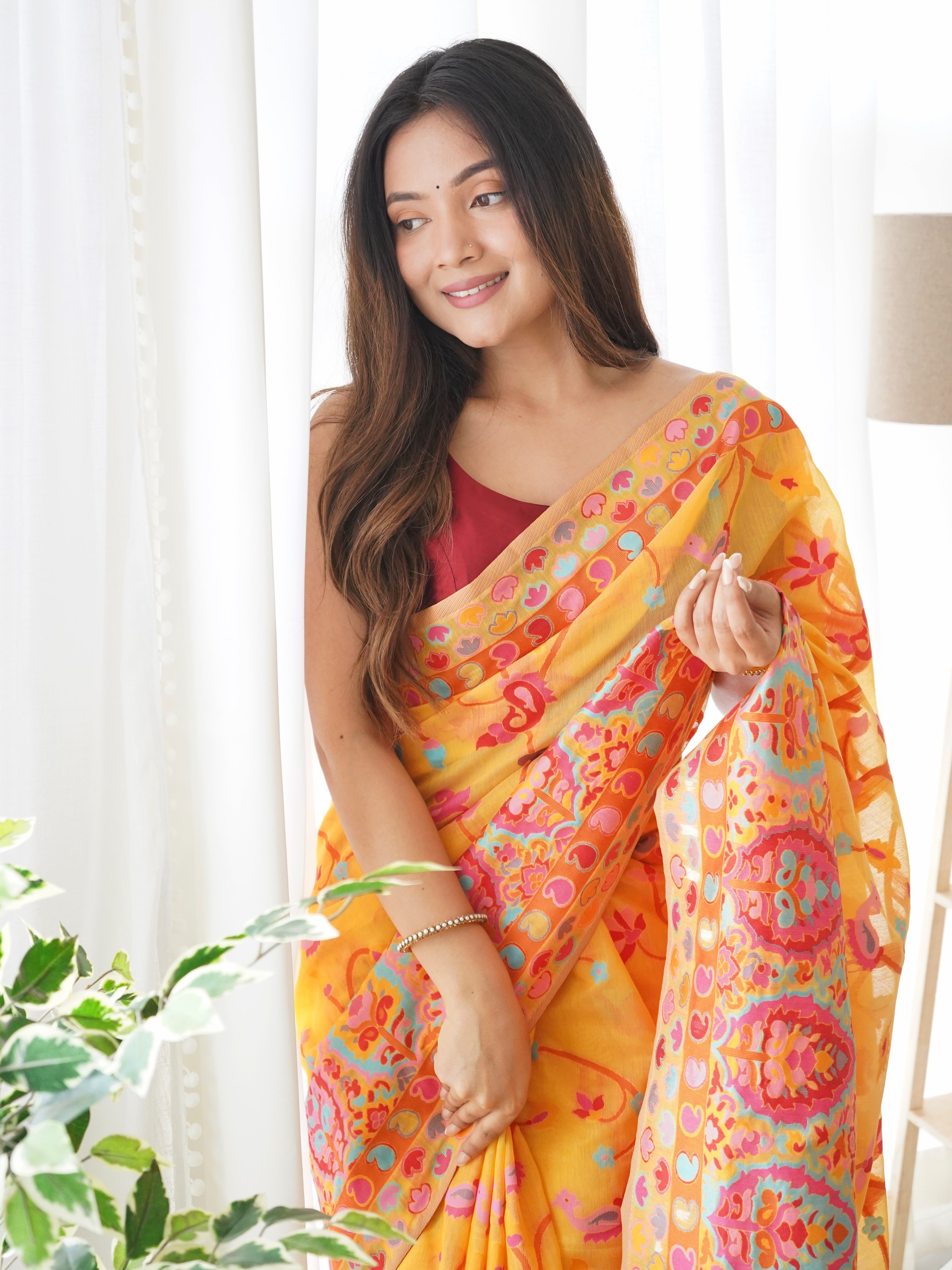 Cotton Kachhi work Multi Thrade Kashmiri Pashmina Saree