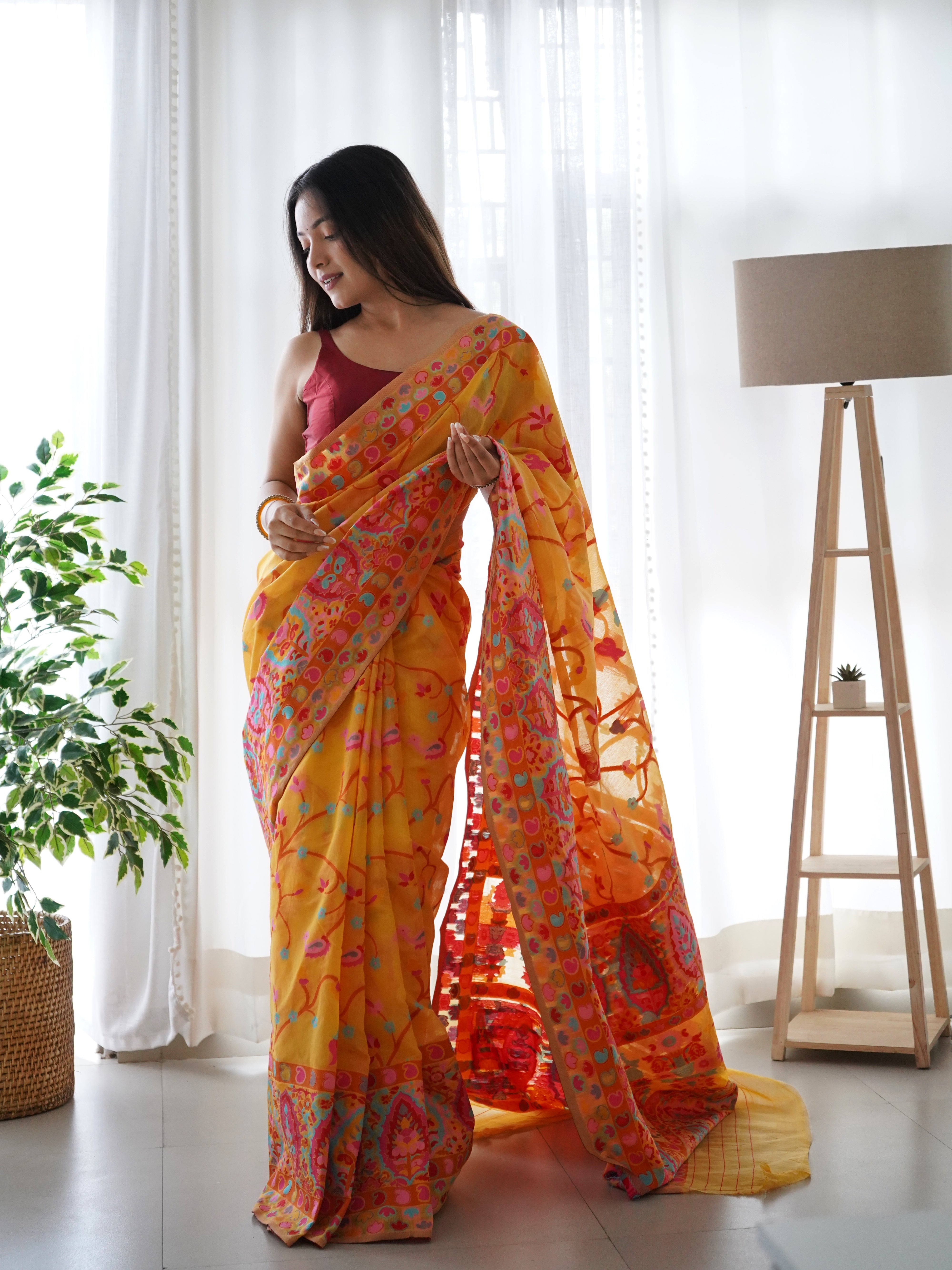 Cotton Kachhi work Multi Thrade Kashmiri Pashmina Saree