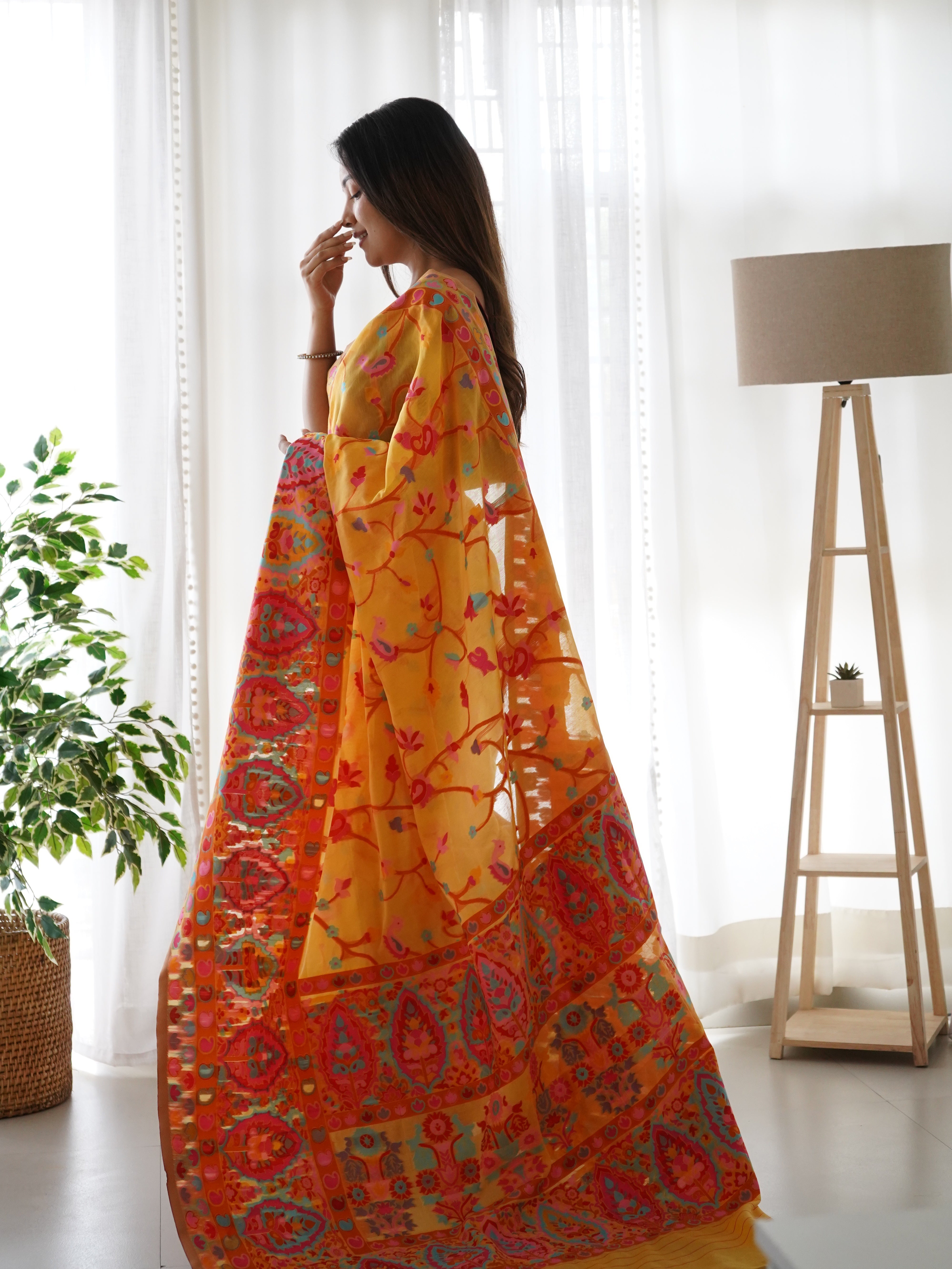 Cotton Kachhi work Multi Thrade Kashmiri Pashmina Saree