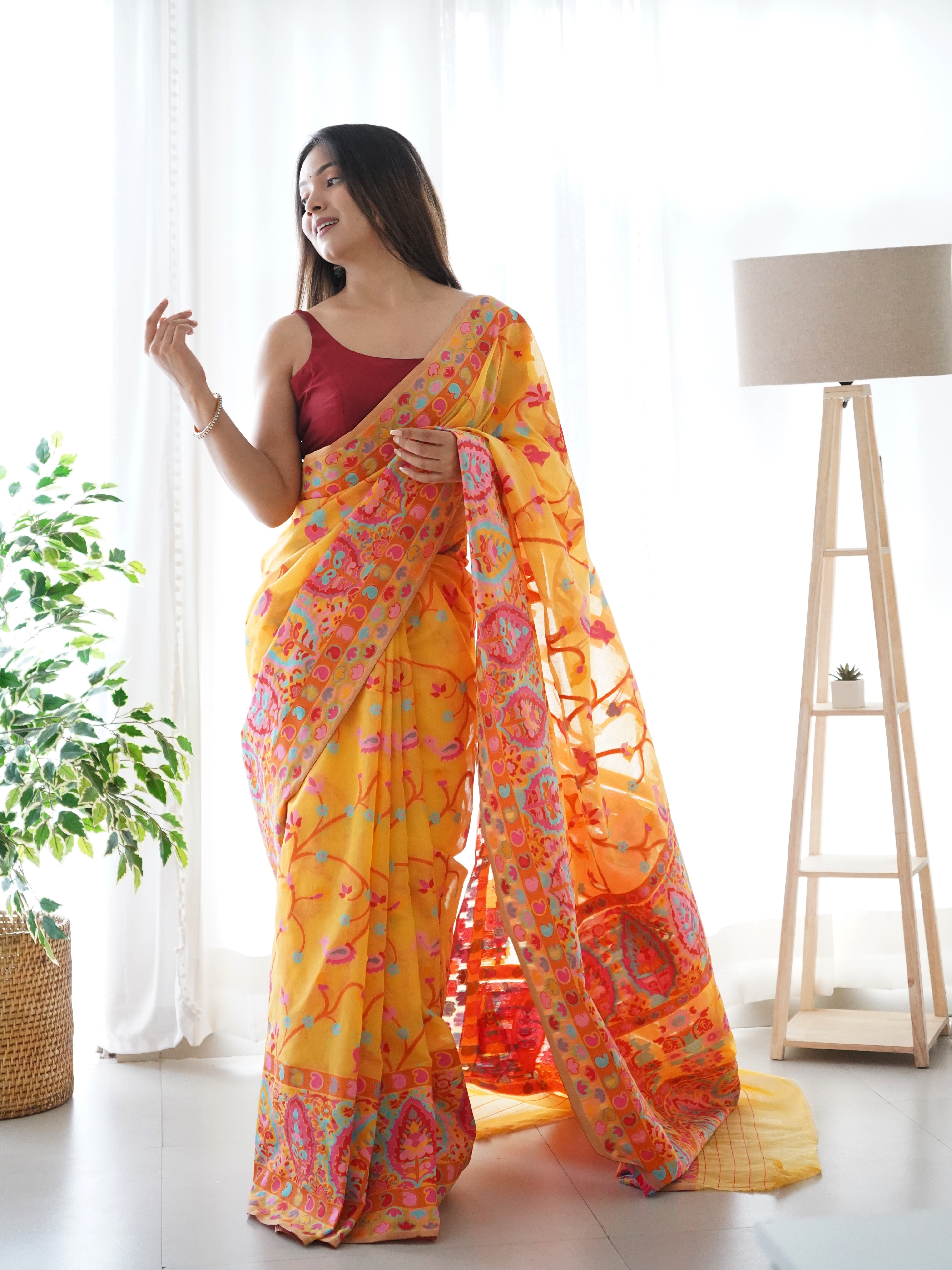 Cotton Kachhi work Multi Thrade Kashmiri Pashmina Saree