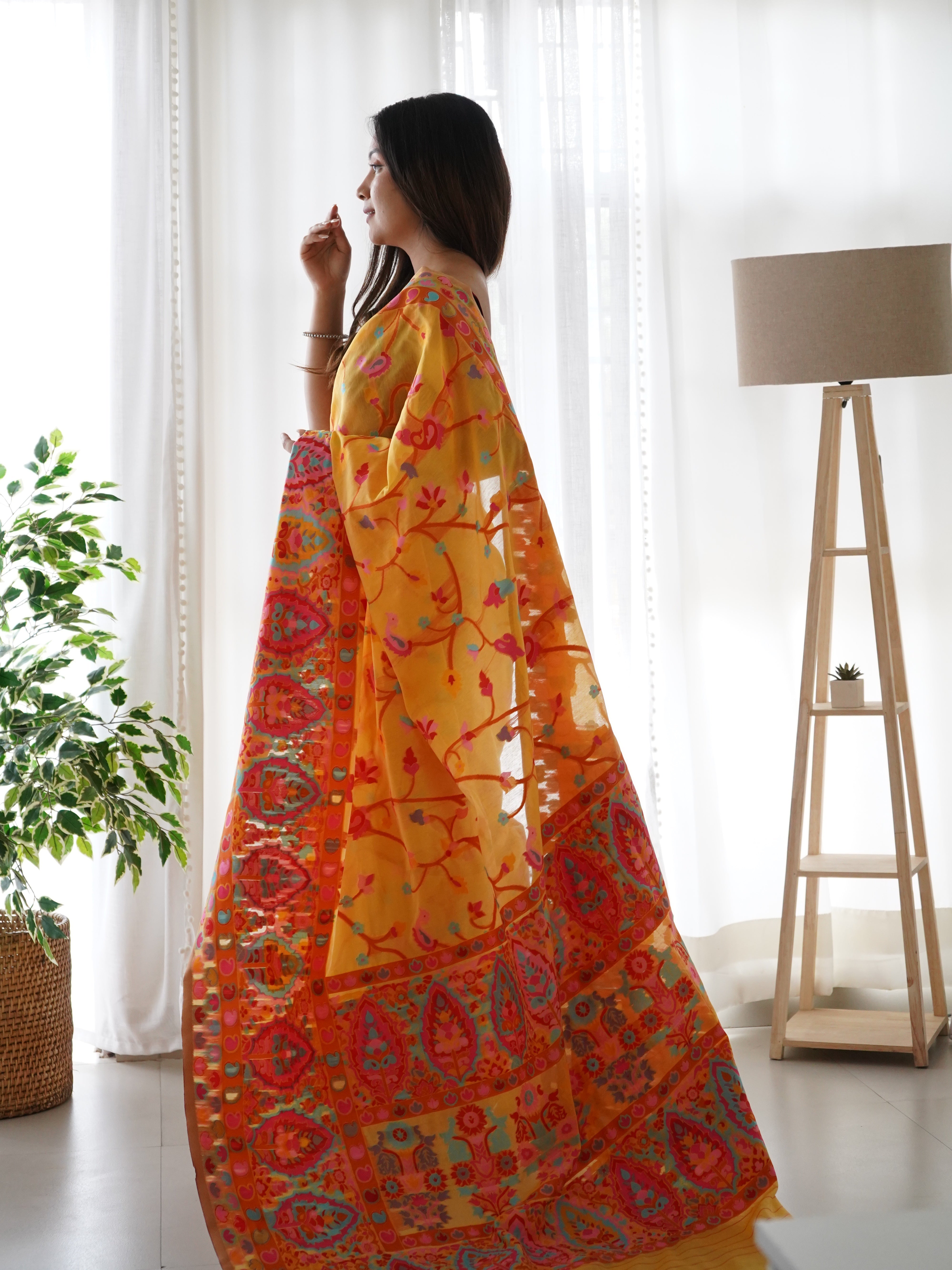 Cotton Kachhi work Multi Thrade Kashmiri Pashmina Saree