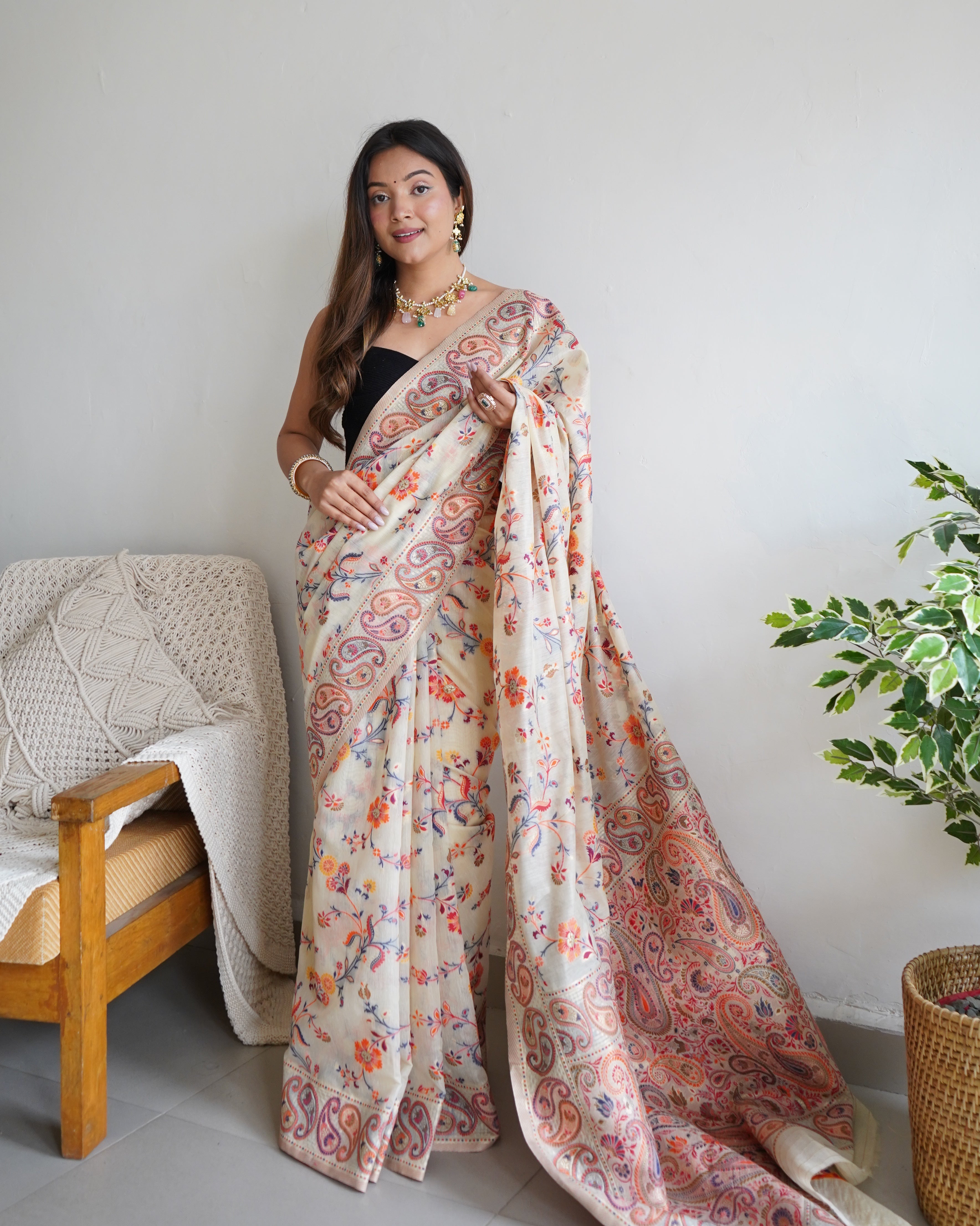 Cotton Kachhi Work Kashmiri Pashmina Multi Thrade Saree