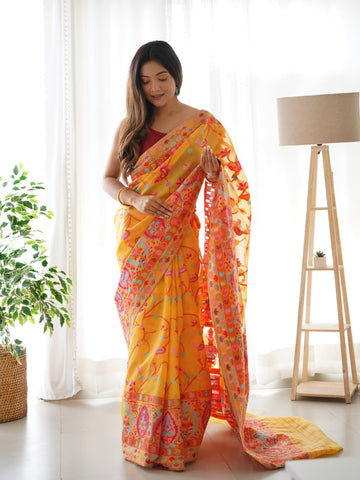 Cotton Kachhi work Multi Thrade Kashmiri Pashmina Saree