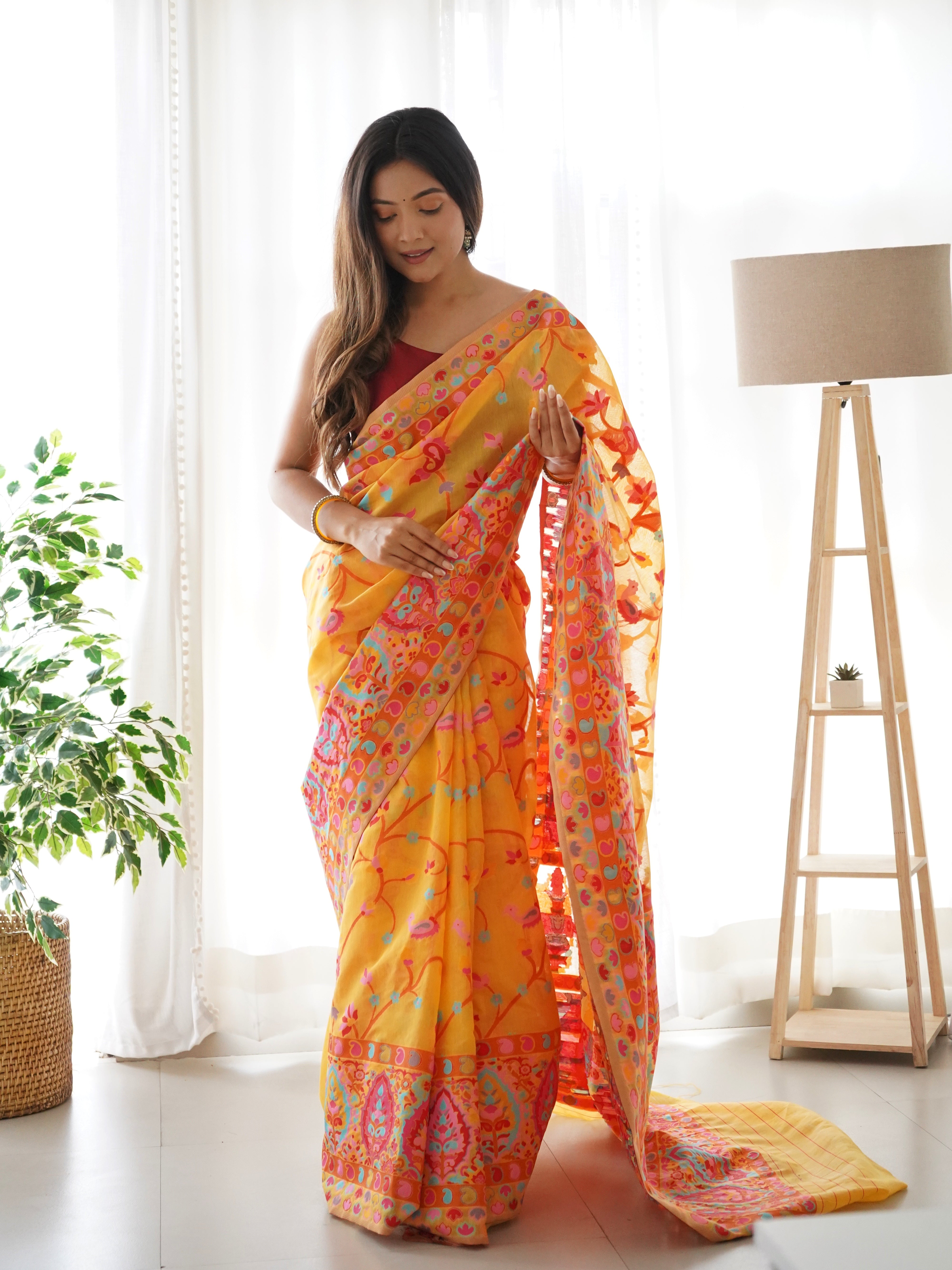 Cotton Kachhi work Multi Thrade Kashmiri Pashmina Saree