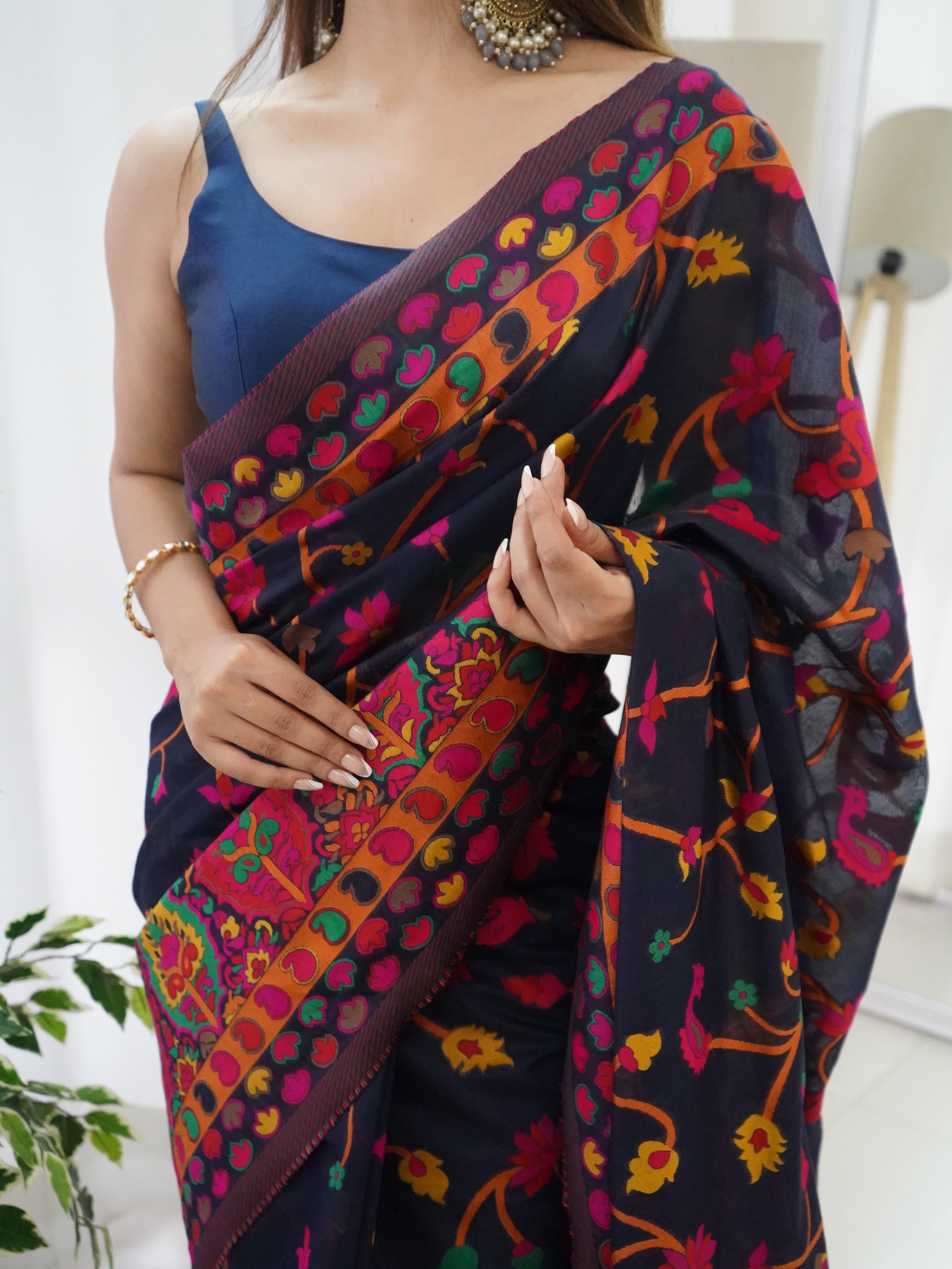 Cotton Kachhi work Multi Thrade Kashmiri Pashmina Saree