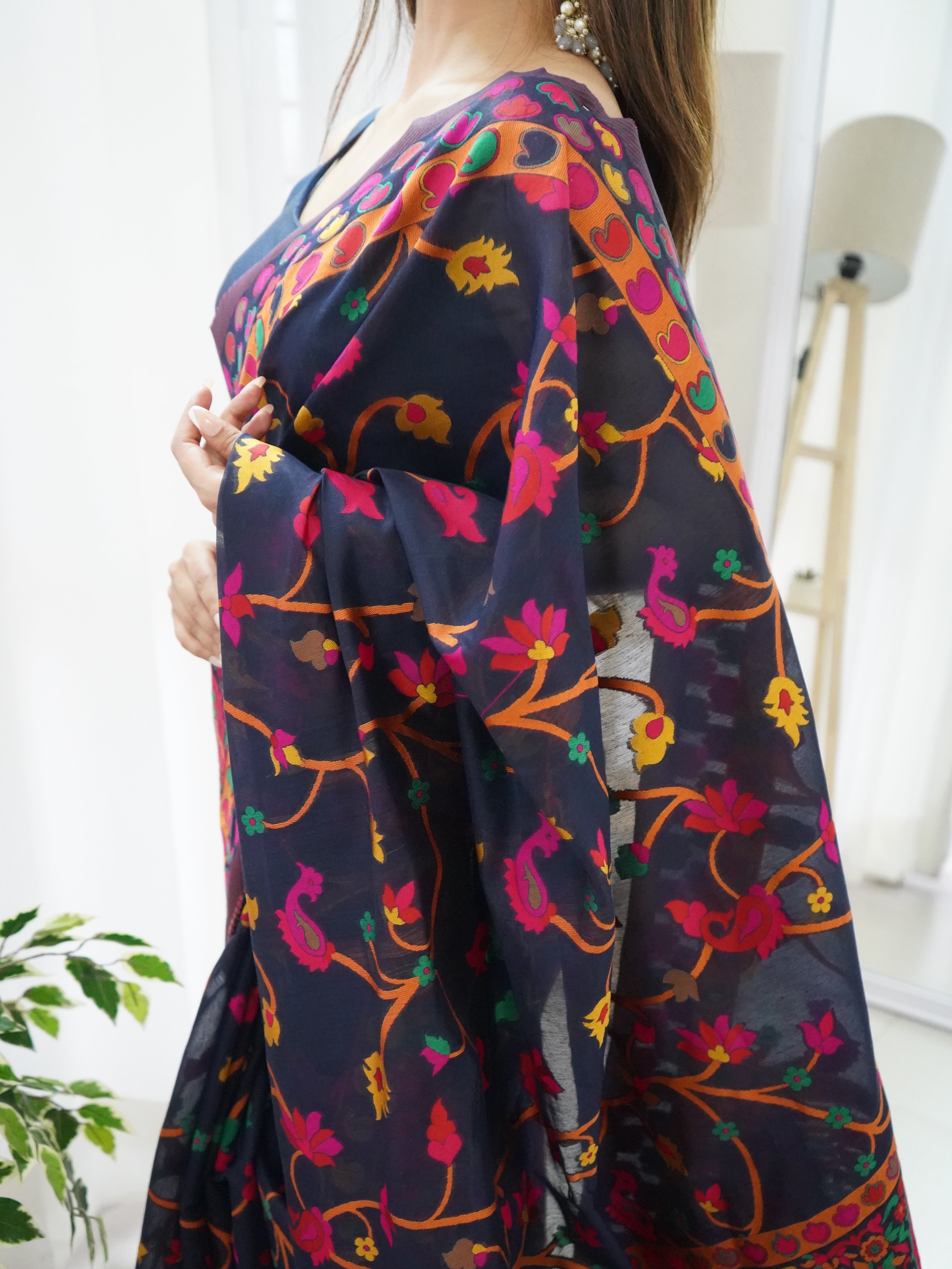 Cotton Kachhi work Multi Thrade Kashmiri Pashmina Saree