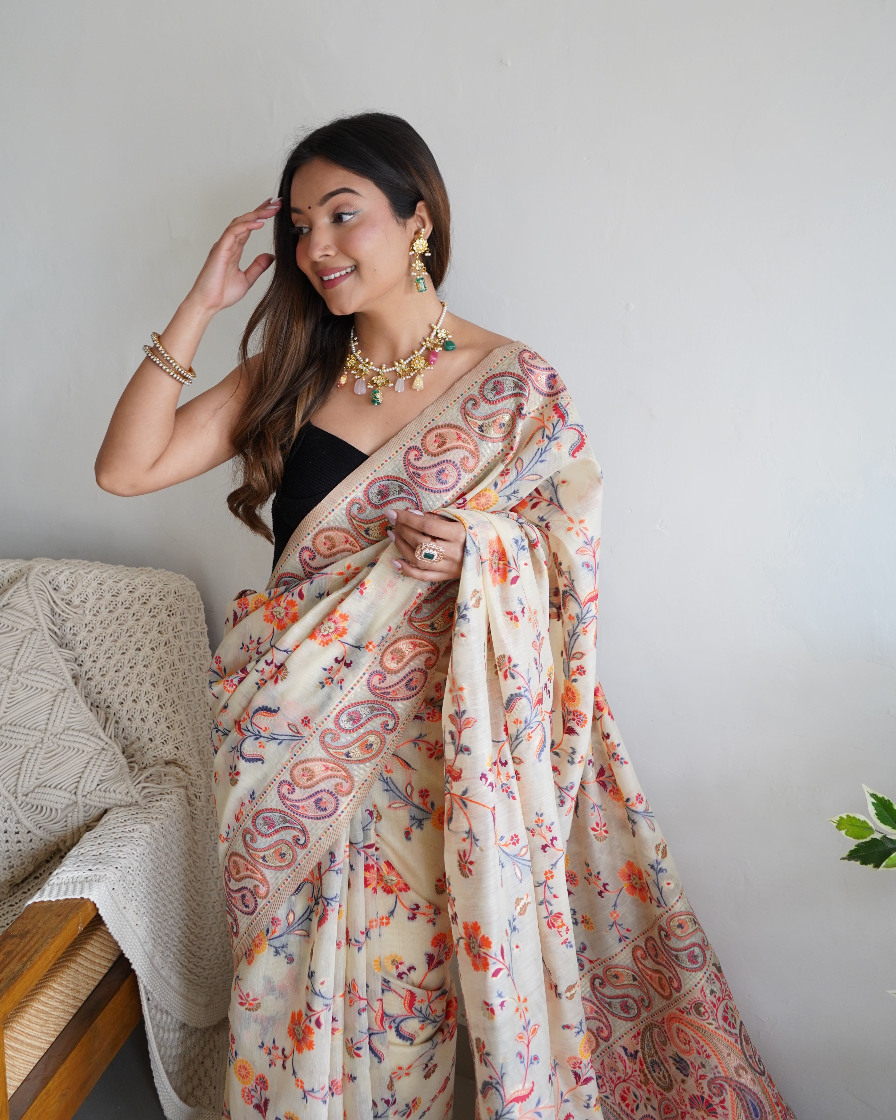 Cotton Kachhi Work Kashmiri Pashmina Multi Thrade Saree