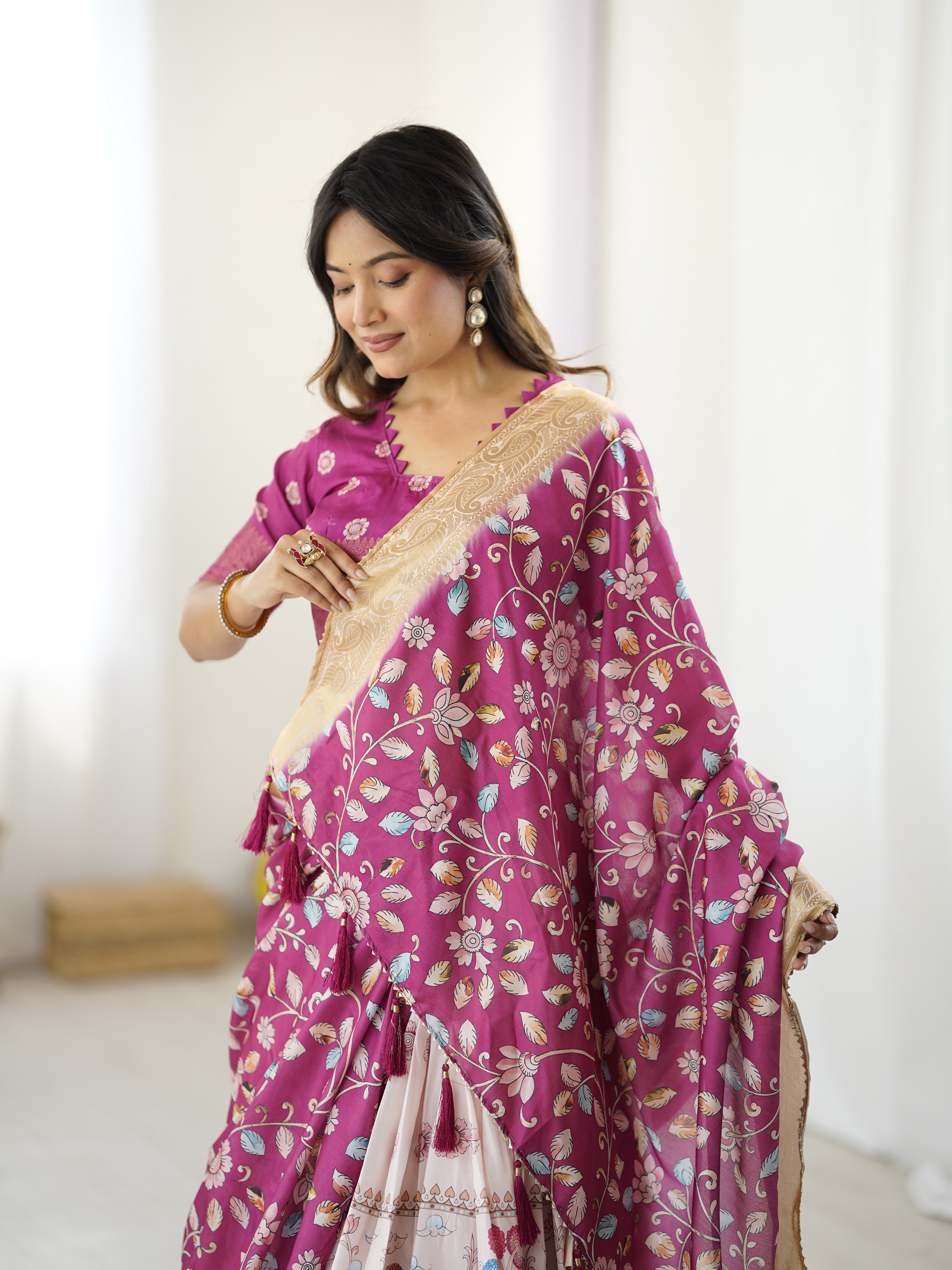 Elegant Kalamkari Lehenga in Wine and Peach with Divine Print and Floral Zari Dupatta