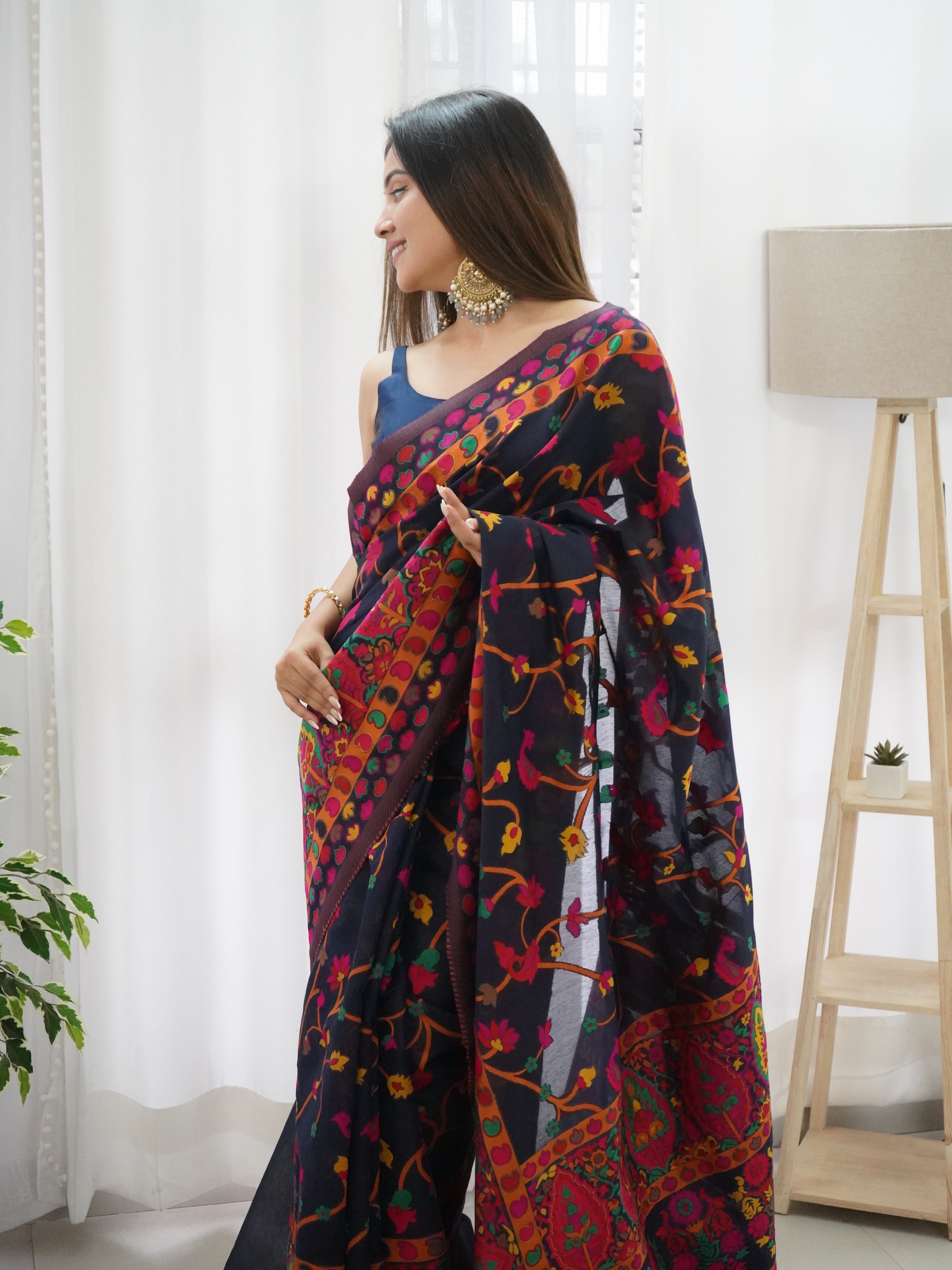 Cotton Kachhi work Multi Thrade Kashmiri Pashmina Saree