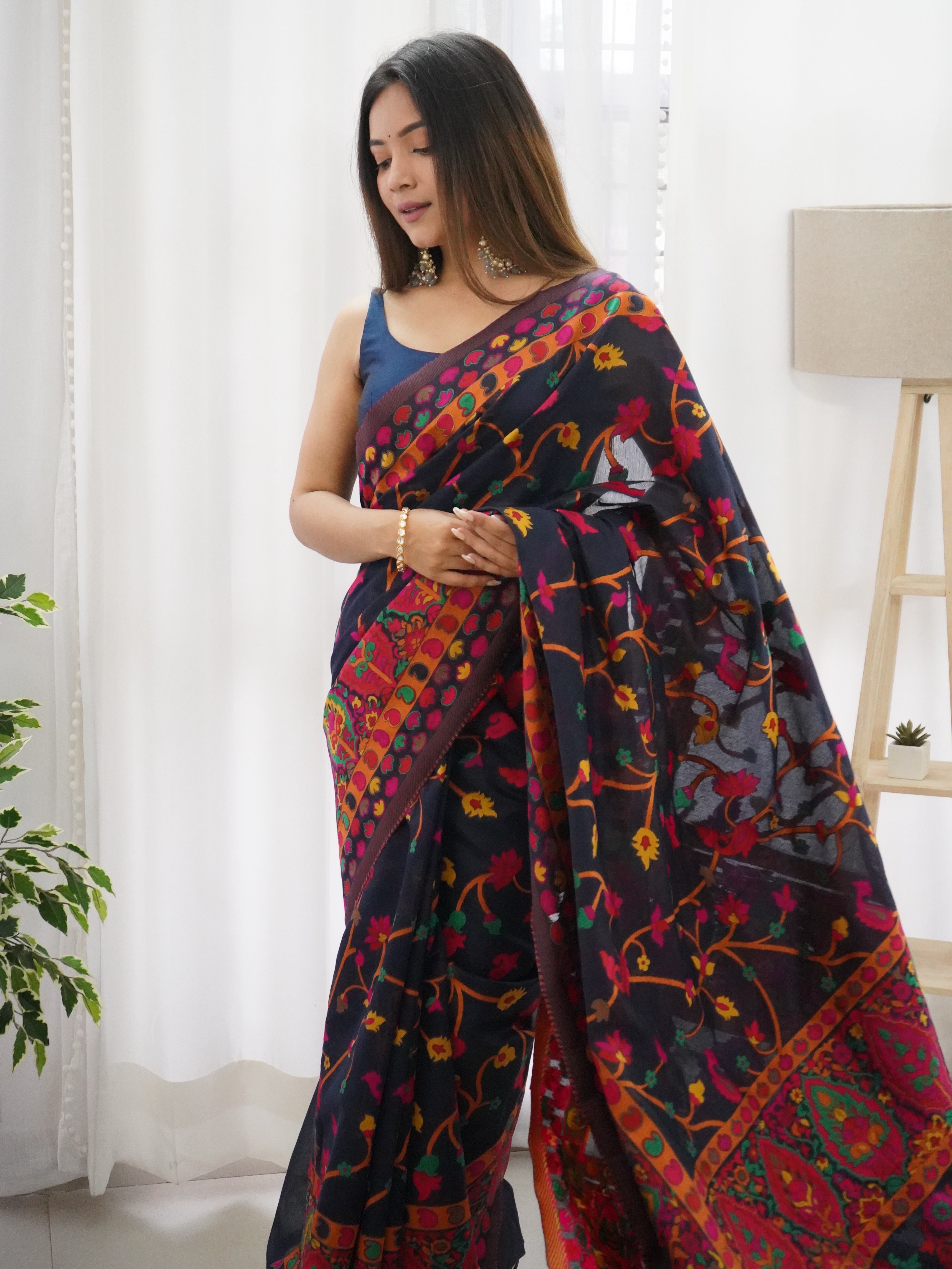 Cotton Kachhi work Multi Thrade Kashmiri Pashmina Saree